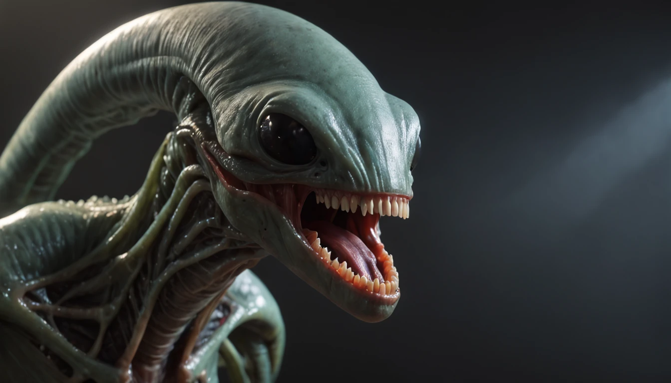 (professional 3d render:1.3) af (Realistic:1.3) most beautiful artwork photo in the world,Features a xenomorpth cluttered environment)), full body 8k unity render, action shot, skin pore, very dark lighting, heavy shading, Detailed, Detailed face, (vibrant, photograph realistic, Realistic, Dramatic, Dark, Sharp focus, 8K), (slime drips from it's inner jaw of razor sharp teeth:1.4), ((((teeth)))), (Intricate:1.4), decadent, (Highly detailed:1.4), Digital painting, rendering by octane, art stations, smooth, Sharp focus (Global illumination, Studio light, volumetric light), heavy rain, particles floating, fantasy, full body ((Dark and ancient planet background:1.3))
