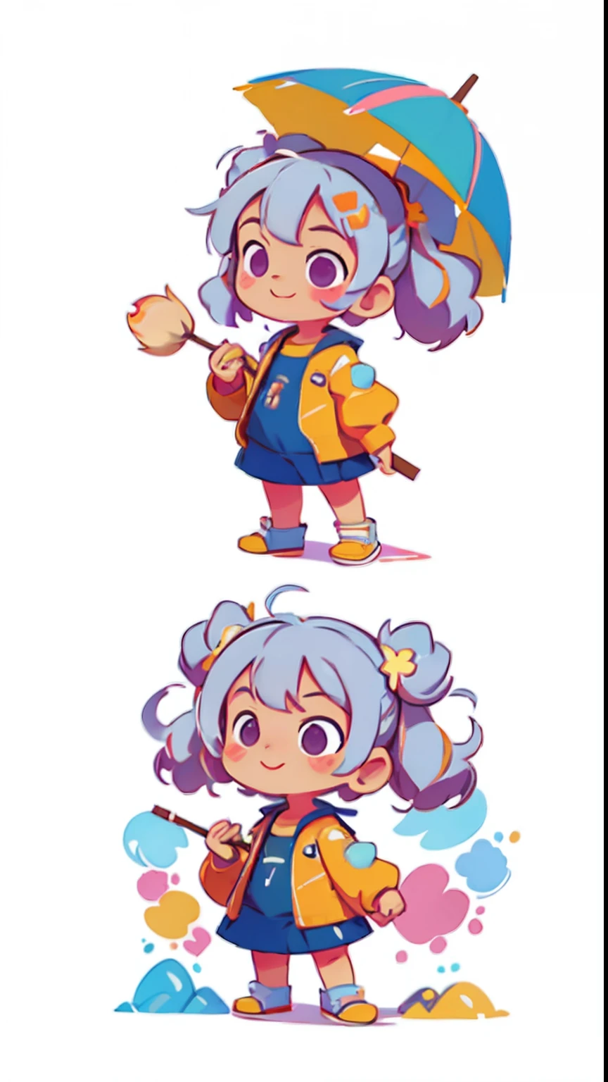 three-view drawing enerate three views, namely the frontview,side and back view，vectorial art, Color graffiti illustration, Cute and cheerful little girl with umbrella, are in the center, Bright colors, Paint splashes and stains, Adobe illustrator, High detail, white backgrounid