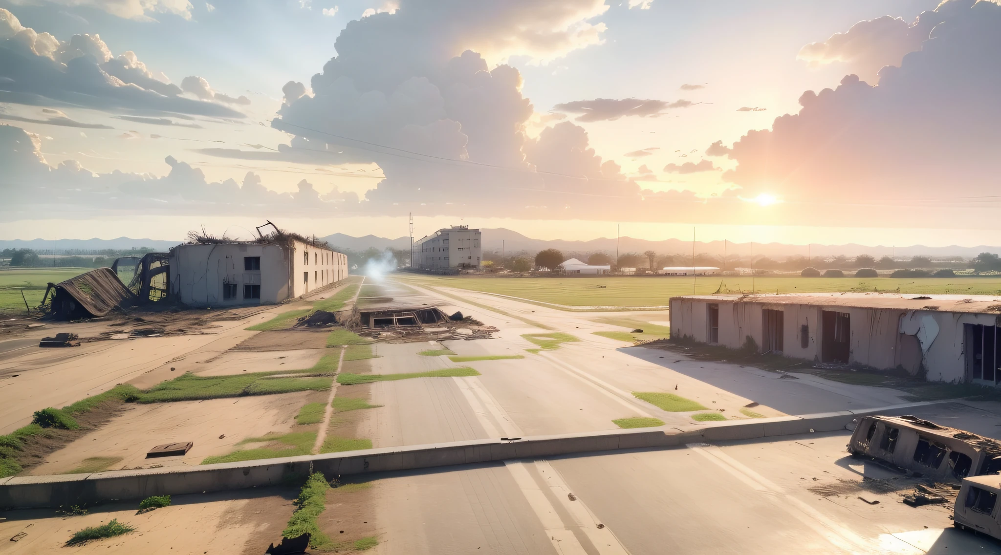 Aerial view 50 meters away,Latter-day world,The dilapidated building is surrounded by vines,Sunlight at 6 p.m,Contre-Jour ,The wreckage of the plane is on the runway of the airport,The broken airstrip was covered with vines,complexdetails,Virtual Engine,Movie lighting,8K,High-definition large image
