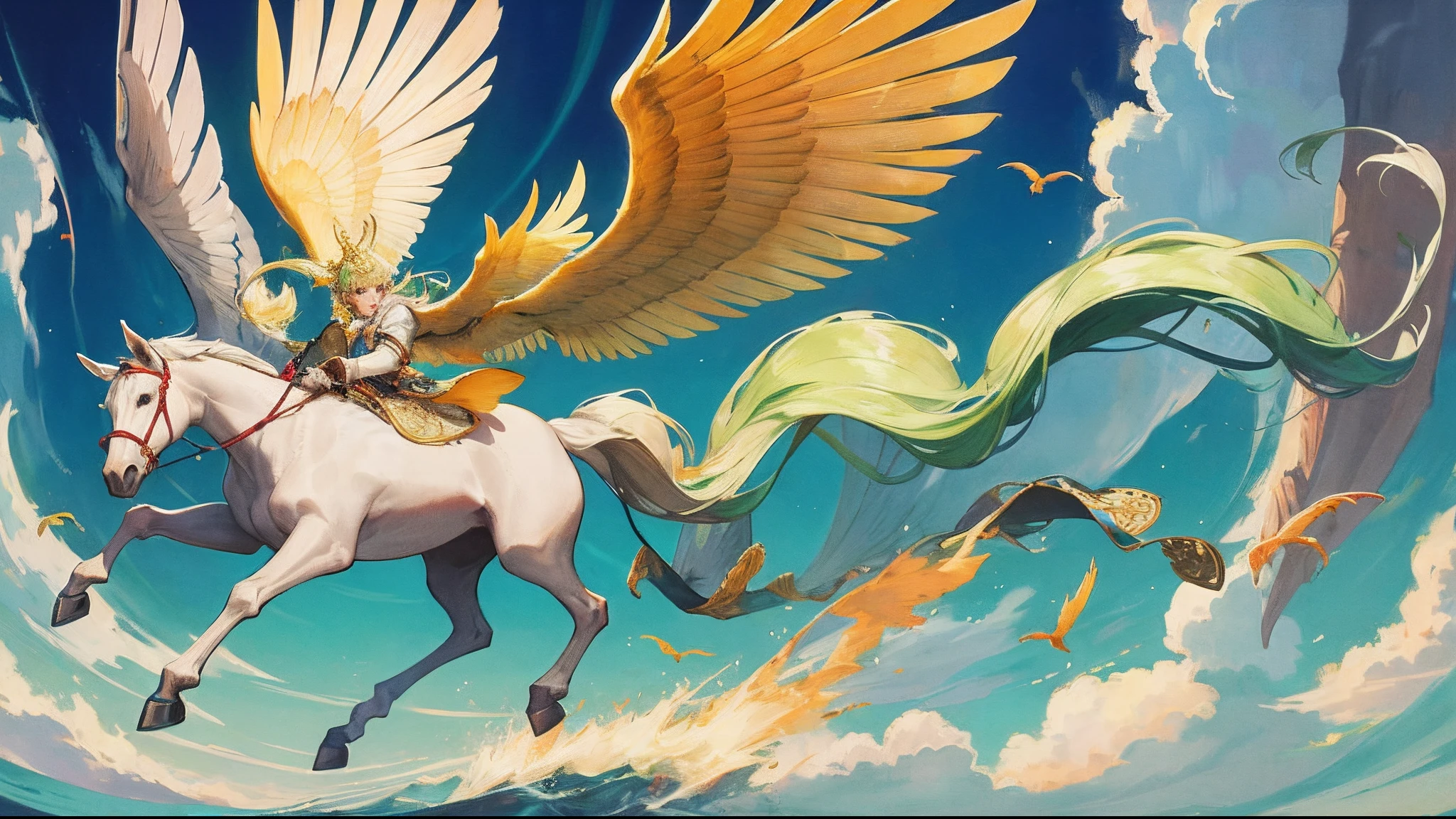 A fat horse,Proud feet step on auspicious clouds,A pair of powerful wings,Rushing in((filigree))((Tang))coloured with lots of colour,Majestic,variable