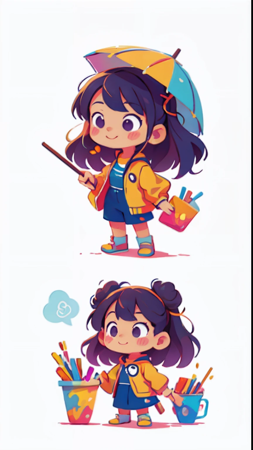 three-view drawing enerate three views, namely the frontview,side and back view,vectorial art, Color graffiti illustration, Cute and cheerful girl with umbrella, are in the center, Bright colors, Paint splashes and stains, Adobe illustrator, High detail, white backgrounid