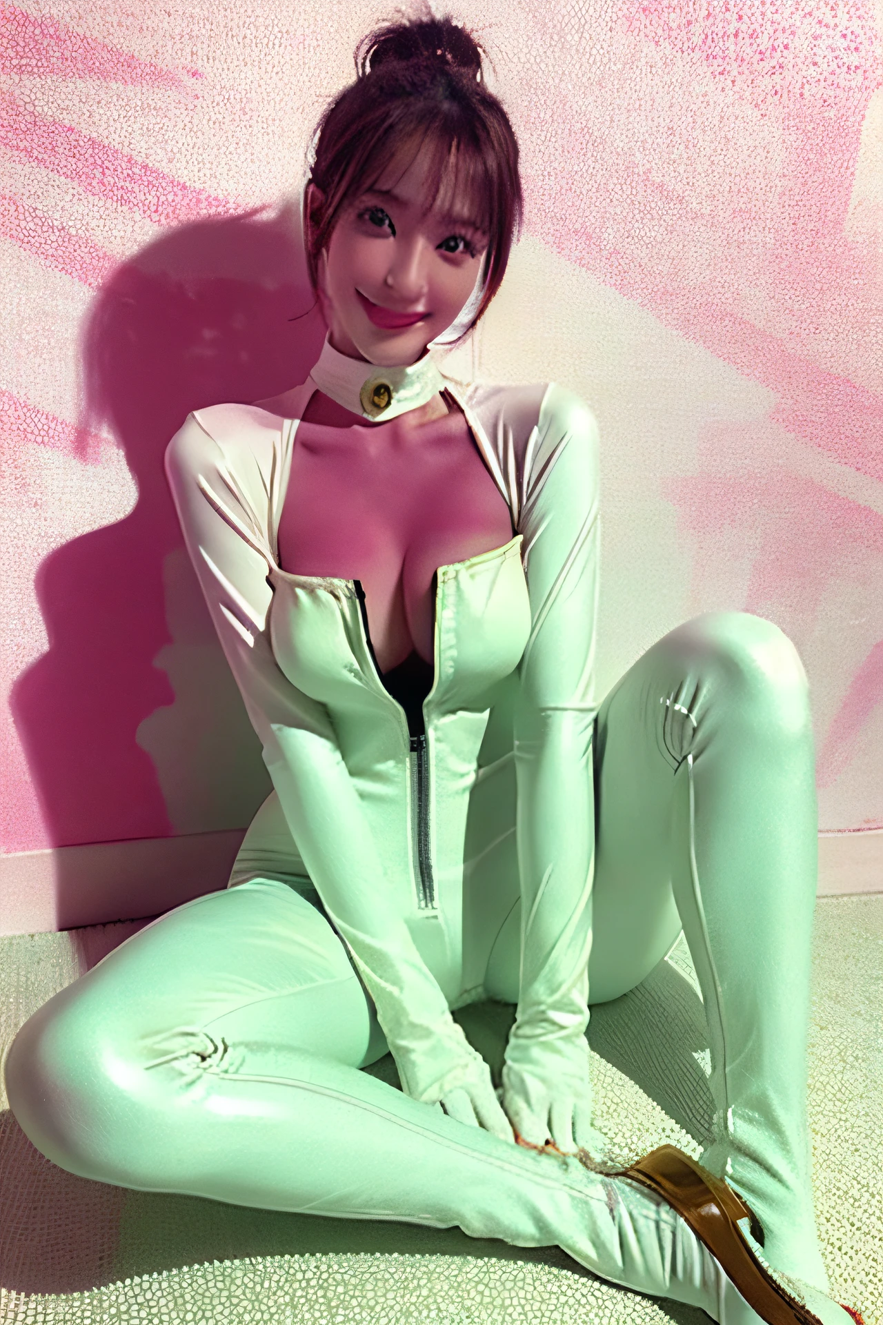 Meditation Poses, Sitting cross-legged, lotus pose, sitting pose,Solo, Super Fine Photo, Full body photo Unreal Engine 5 8K UHD Girl in futuristic Evangelion plug suit with snug skin fit, Smooth white catsuit, Iconic characters in gold, smooth white skin, glossy latex suit, Collar, rubber glove, High boots, arm and leg cuffs, lanyard, Best Quality, masutepiece, Official art, Unified 8K Wallpaper, super detailed, Sharp Focus, girl and sexy pose, Large breasts, Full smile, Short Bob Hair, raise one leg, sensually