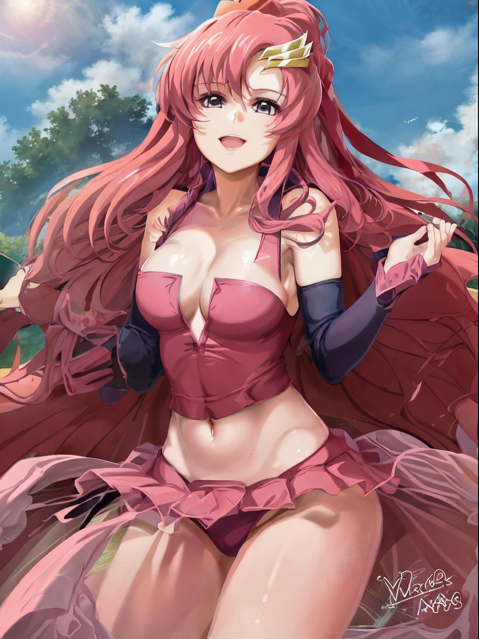 (masterpiece, 4K, Best Quality, Anime style: 1.9, bold drawing lines, High color saturation, Detailed face, tall, Adult Woman, lovely, (cloud background), Drawing lines, high resolution, Anime, lacus4), 1girl in, Solo, curvy figure, Long hair, 鎖骨, scapular, Wavy Hair, Detailed wide hair bangs, Hair Ornament, Detailed reddish-pink hair, cleavage, large hands, Big blue eyes, Smile, closed mouth, very slim belly, Very happy, closed fists, (laughing, open mouth), ((medium breasts)), (wrestling cloth), elbow pads, strong arms, biceps, rib lines, high ponytail, long belly, lip stick, (lean forward)
