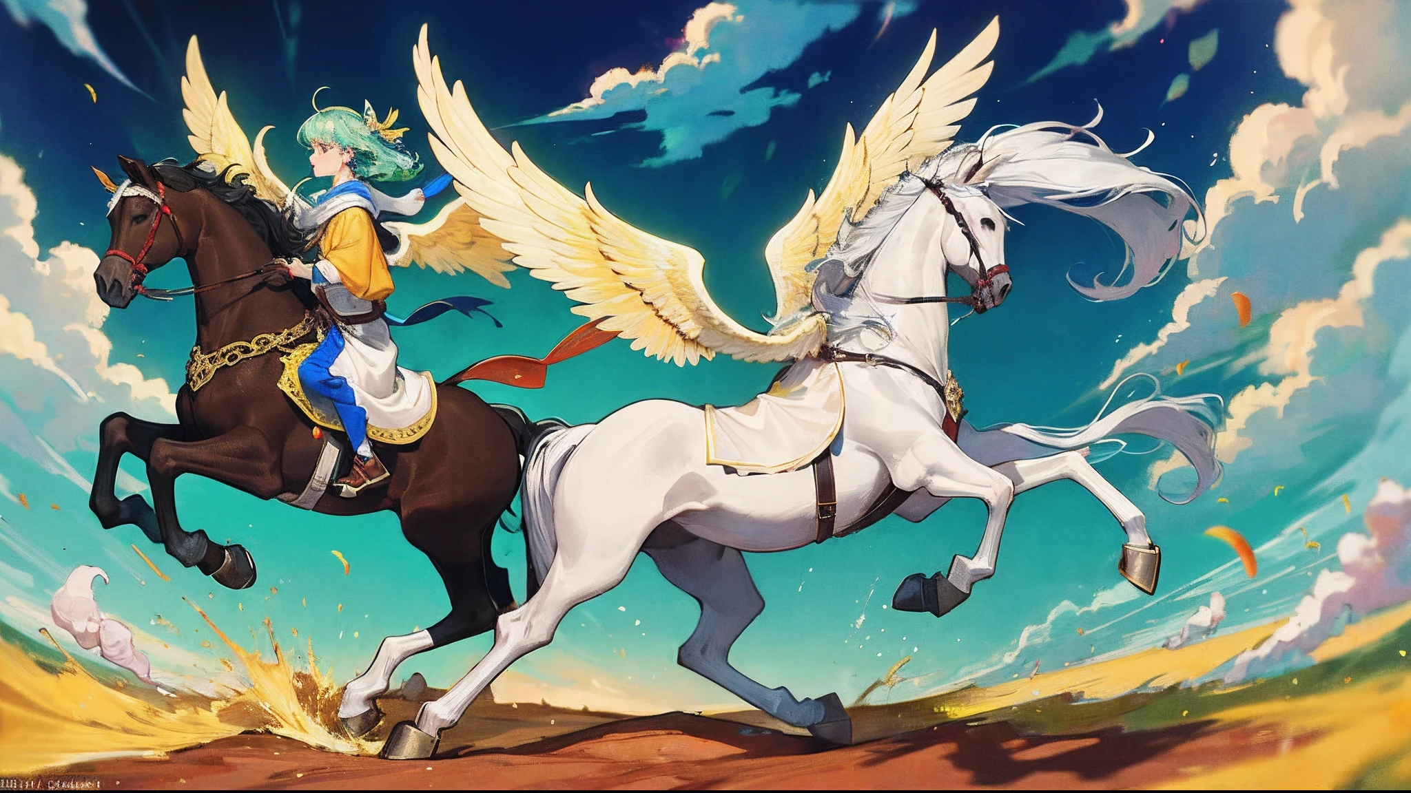 A fat horse,Proud feet step on auspicious clouds,A pair of powerful wings,Rushing in((filigree))((Tang))coloured with lots of colour,Majestic,variable
