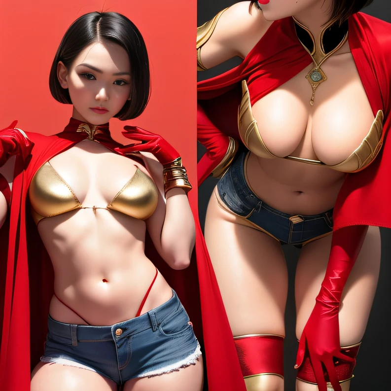 short detailed hair,In a chic,Gold antler close-up, Red and black cape,Coarse denim,Water vapor female spy,Rouge complexion,Sauna buttocks mist jelly flat chest,Golden wire fish net knee pads space jump,Bottom view,Wear glowing gloves,extremely happy,He Xiaotong