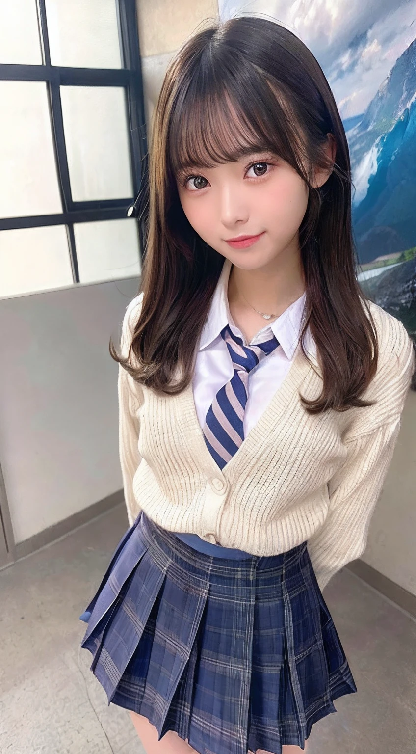 14Year old woman、soio、brown haired、beautidful eyes、real looking skin、A detailed eye、hi-school girl、(8K、masterpiece)、(reallistic、Photorealsitic)、top-quality、realisitic、ighly detailed、The ultra-detailliert、Beautie、cute little、独奏、japanes、a smile、Close-up portrait、Healthy face、schools、School uniform、Cardigan、plaid skirts、skirt by the