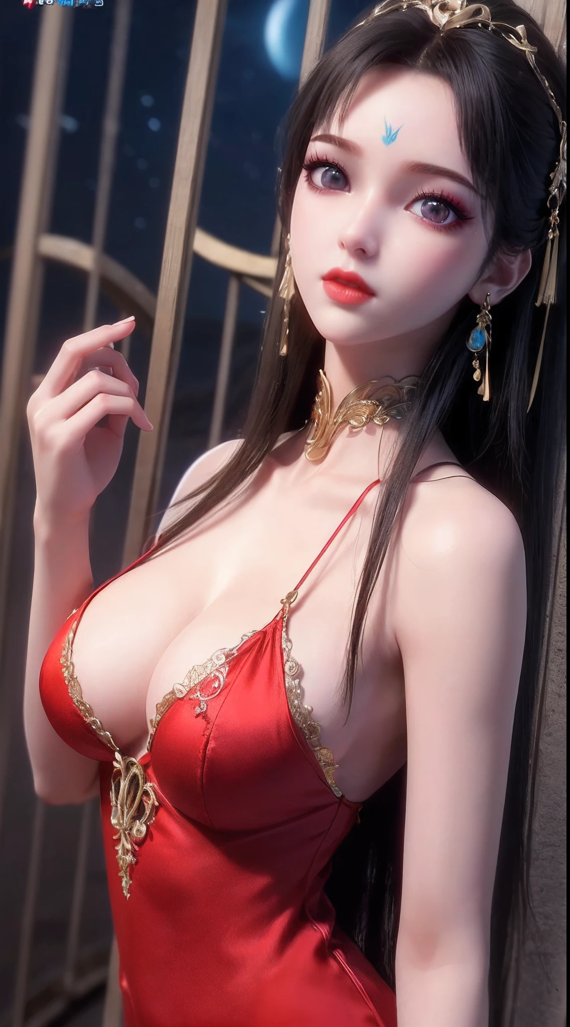 A girl from a magical world,(((wearing a thin red silk nightgown with sexy black lace trim: 1.2))), hanfu style, long and silky black hair, the most beautiful and detailed hair jewelry, beautiful little face thin eyebrows, tall and well-proportioned body, the most beautiful and spotless face, ((black iris:0.8)), the very beautiful eyes, big round eyes, ((purple color eyes:1.1)), fine and detailed makeup eyelashes, high nose, wearing earrings, small red lips, rosy face, clean face, beautiful face without blemish, smooth white skin, ((large breasts:1.2)), (((breasts are super tight and round: 2.1))), super beautiful breasts, ((breast augmentation:1.5)), slim and petite body, ((thin waist: 0.9)), skirt, 8k photo, super high quality, super realistic, 10x super pixels, photo realistic, dark studio, border light, two tone light, (detailed skin high: 1.2), 8k uhd, dslr, soft light, high quality, volumetric light, candid, Photo, high resolution, light, best photo, 4k quality, 8k, Bokeh, Smooth and sharp, pixel up 10 times, (background space: 1.8), (galaxy: 1.7), aurora, lightning, super graphics, the most realistic graphics,(Aurora Background: 1.8), alone, solo, upper body, portrait 9:16, Extremely sharp, super realistic images,