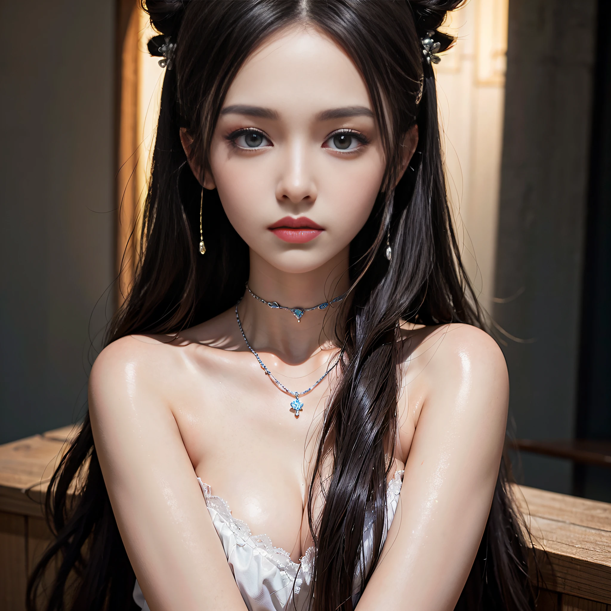 ((masterpiece:1.4)、(top-quality:1.4)、(reallistic:1.7))、Super beautiful girl、((1girl in:1.4))、Shiny natural skin texture、Photorealistic beautiful face、((Extreme beauty portrait photography))、age19、realistic shaded perfect face、Ultra realistic digital paint beautiful girl、(The character is created by Genichiro Takebe:1.4)、Upper body photography、Close-up photos、(Two arms:1.4、Two legs:1.4)、(perfect anatomia:1.4)、perfect hand、Soft front light、beautiful countenance、kawaii faces、Beautiful udder、blue eyess、A detailed eye、Draw eyes clearly and beautifully、beautidful eyes、Narrow waist、Raw photo、Shallow depth of field、red-lips、a choker、a necklace、耳Nipple Ring、1 screen display、细致背景