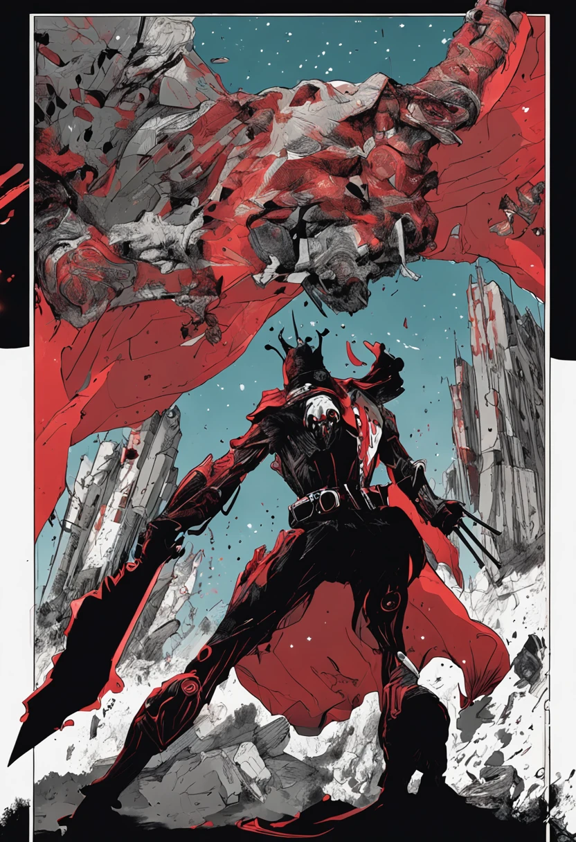 Protogen, pelaje negro y ojos rojos, pelaje suave, cuerpo detallado, pose de pelea, sosteniendo una espada, cielo oscuro, estrellas, anochecer