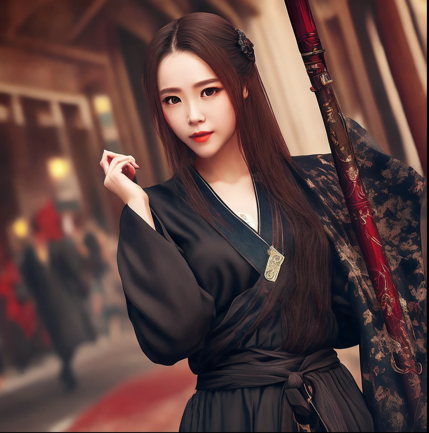 femele，25 age old，brunette color hair，Black pupils，long whitr hair，hair straight，black-clad，Hanfu，robe，The clothes have dark red trim，Perfect face proportions，Perfect body proportion，hitman，high and cold，Positive perspective，facing to audience，Black sword at waist，Stand on a battlefield strewn with corpses，There is blood on the shoulder，Put your hand on your shoulder