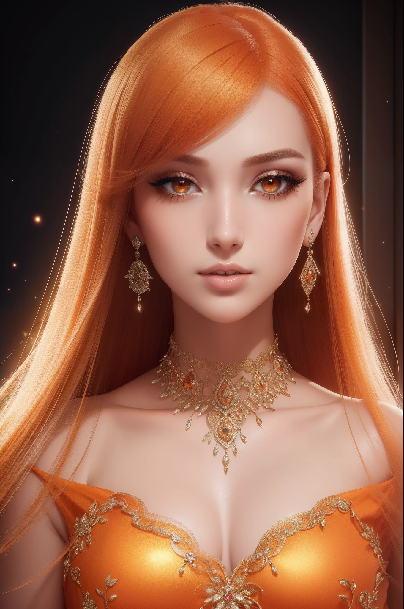 ultra detailed beautiful woman, 25 years-old woman, stunningly beautiful, orange hair, orange dress, orange eyes, her whole head is visible with hair, orange jewel necklace, earrings, orange eyeshadow visible on her eyelids and eyeliner on her eyes, very long eyelashes, stuningly beautiful face, focus on face, holographic, light particles, ultra detailed illustration, hit definition, very bold and vivid colors, 32k resolution, best quality, volumetric lighting, “best quality”, “masterpiece", half of her body is visible, top of her dress is visible, ultra realistic, high-quality detail