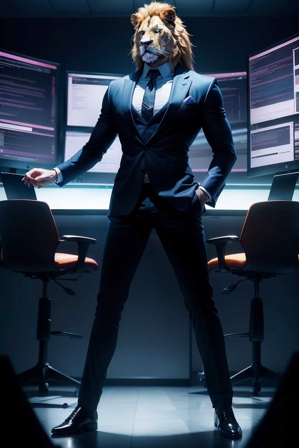 Male lion, in suit, full body, bright background, well lighted, Computer Room, Server Room Background, dynamic pose, high contrast, sharp image