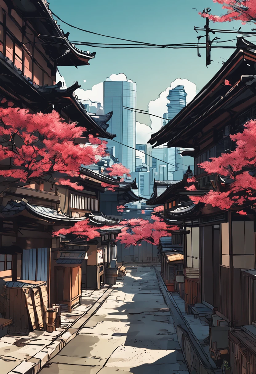 Japanese traditional, cityscape, filled with buildings, midday
