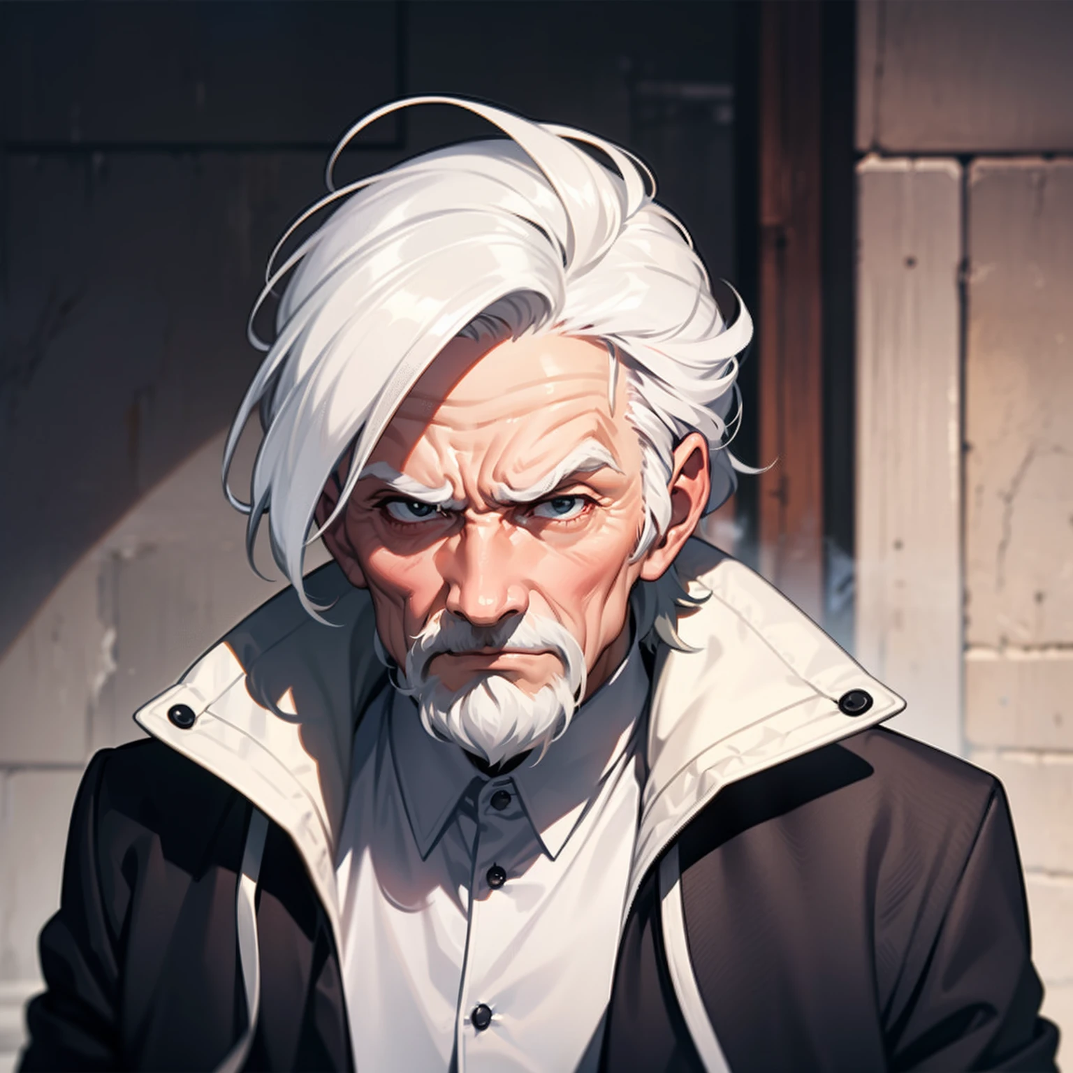 An old man with white hair,Sneering expression,disdain