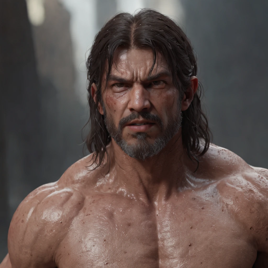 (professional 3d render:1.3) af (Realistic:1.3) most beautiful artwork photo in the world，Features soft and shiny male heroes, ((Epic hero fantasy muscle man rough wet hero angry look long hair short beard and ferocious expression in dynamic pose, Fantastic location, Majestic cluttered environment)), full body 8k unity render, action  shot, skin pore, very dark lighting, heavyshading, Detailed, Detailed face, (vibrant, photograph realistic, Realistic, Dramatic, Dark, Sharp focus, 8K), (Old leather garments damaged by weathering:1.4), ((((Wear fur)))), (Intricate:1.4), decadent, (Highly detailed:1.4), Digital painting, rendering by octane, art  stations, concept-art, smooth, Sharp focus, illustration, Art germ, (loish:0.23), wlop ilya kuvshinov, and greg rutkowski and alphonse mucha gracias, (Global illumination, Studio light, volumettic light), heavy rain, particles floating, lotr, fantasy, elf, full bodyesbian, ((Dark and ancient city background:1.3)),CGSesociety,art  stations
