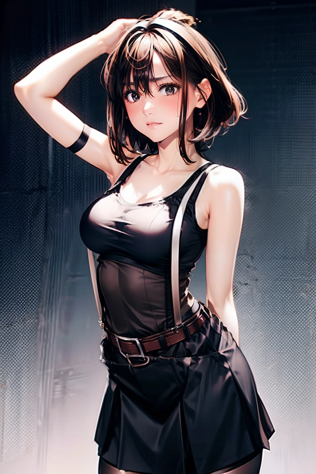 Black skirt, Tank Tops suspenders, Brown hair Gray eyes, Garter belt on the legs, Tight clothes, a belt Armpit sweat deadpan large full breasts short-cut