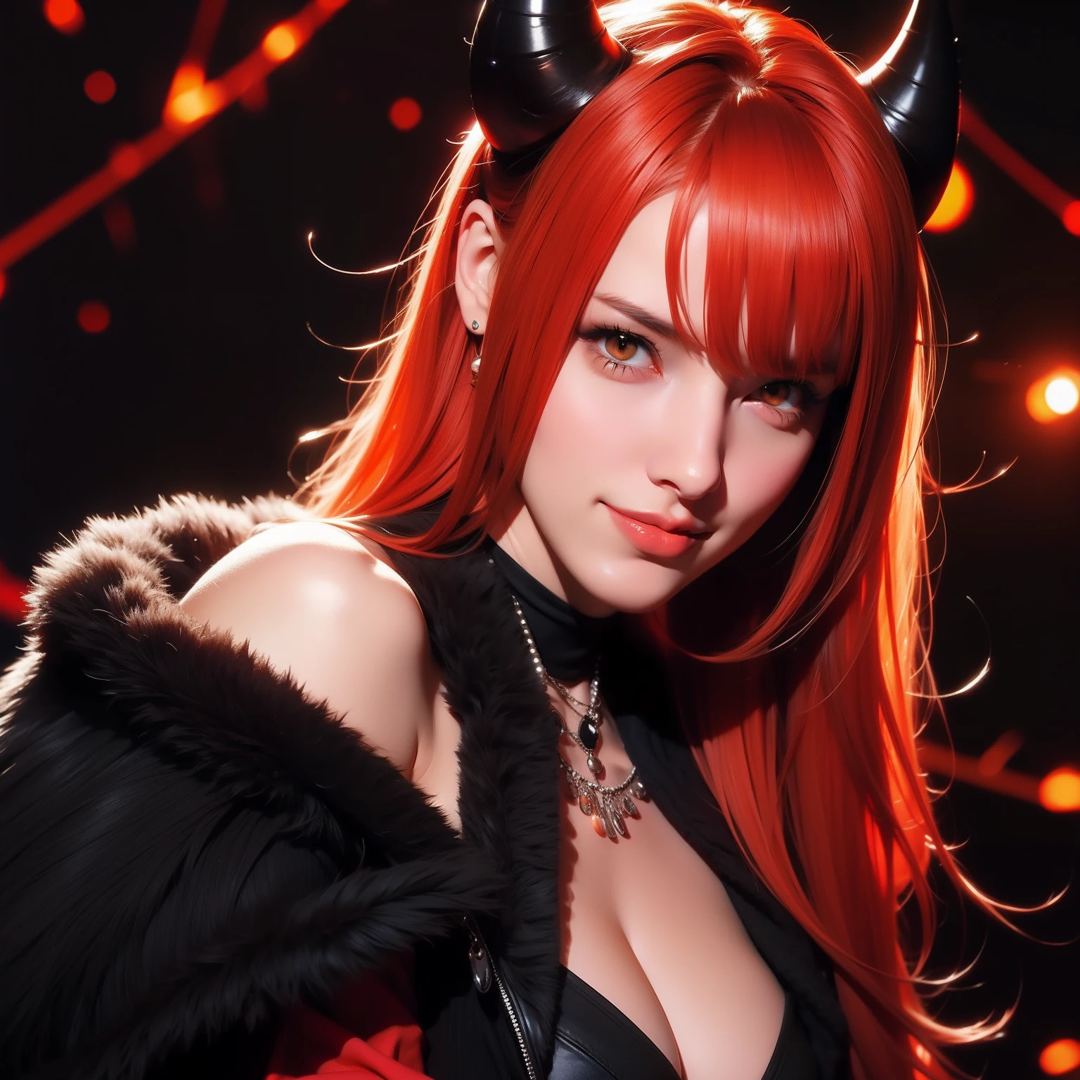 4k, 8k, masterpiece, best quality, upper body, 1girl, looking at viewer, red hair, medium hair, purple eyes, demon horns, black coat, indoors, dimly lit, the age of the actress is 23 years old, open bust naked