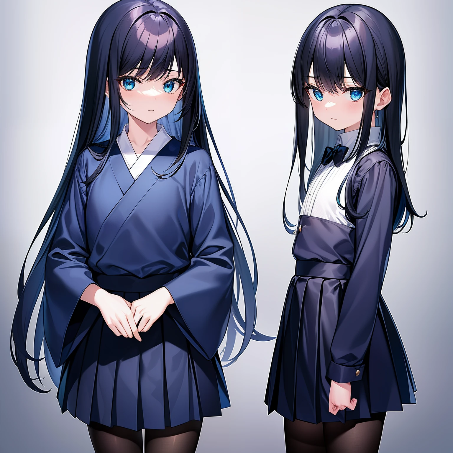 tmasterpiece、Need、Highest high resolution、Japanese high school girl、Three no girls、mano、Petite、Small chest、Dark blue top、a black pleated skirt、The slender legs are wearing dark black pantyhose、ccurateblack hair、Long straight hair, Turquoise blue eyes、white backgrounid
