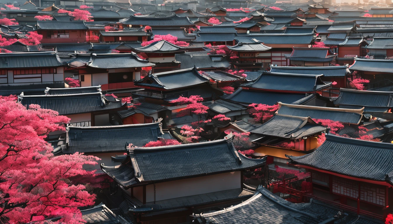 Japanese traditional, cityscape, filled with buildings, midday