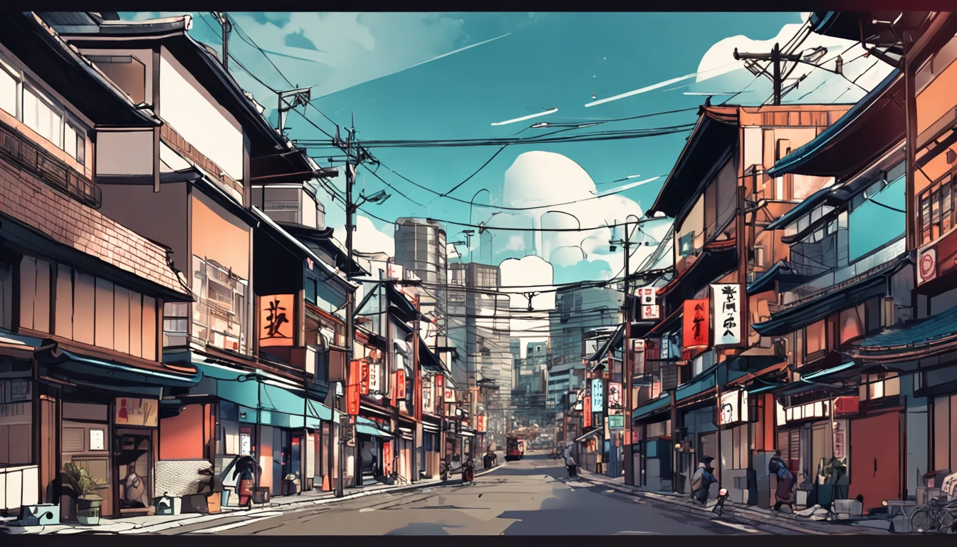 Japanese traditional, cityscape, filled with buildings, midday