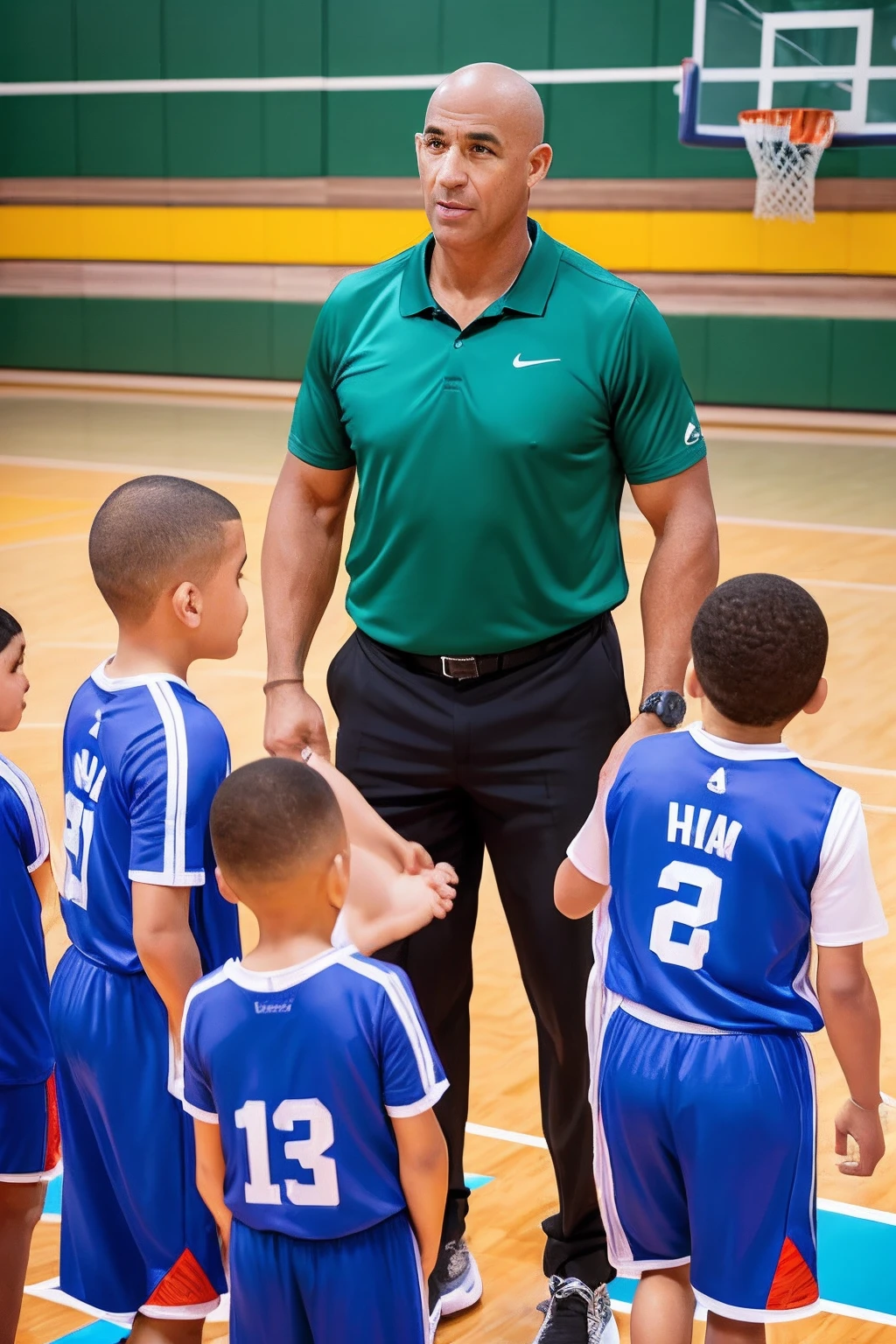 Gere um retrato incrivelmente detalhado e realista de um ((homem caucasiano careca)), representando um treinador de basquetebol dedicado. He is shown on a basketball court, ((provide instructions)) a um (((Grupo infantil))) enquanto elas se envolvem em atividades de basquete. The focus should capture the coach's interaction and commitment to his or her young students. Both the coach and the children should be dressed in gym attire. A imagem deve exalar extremo detalhe e realismo, com o fundo significativamente desfocado para enfatizar os personagens centrais. The resolution should be an impressive 8K UHD, ensuring exceptional clarity and precision.