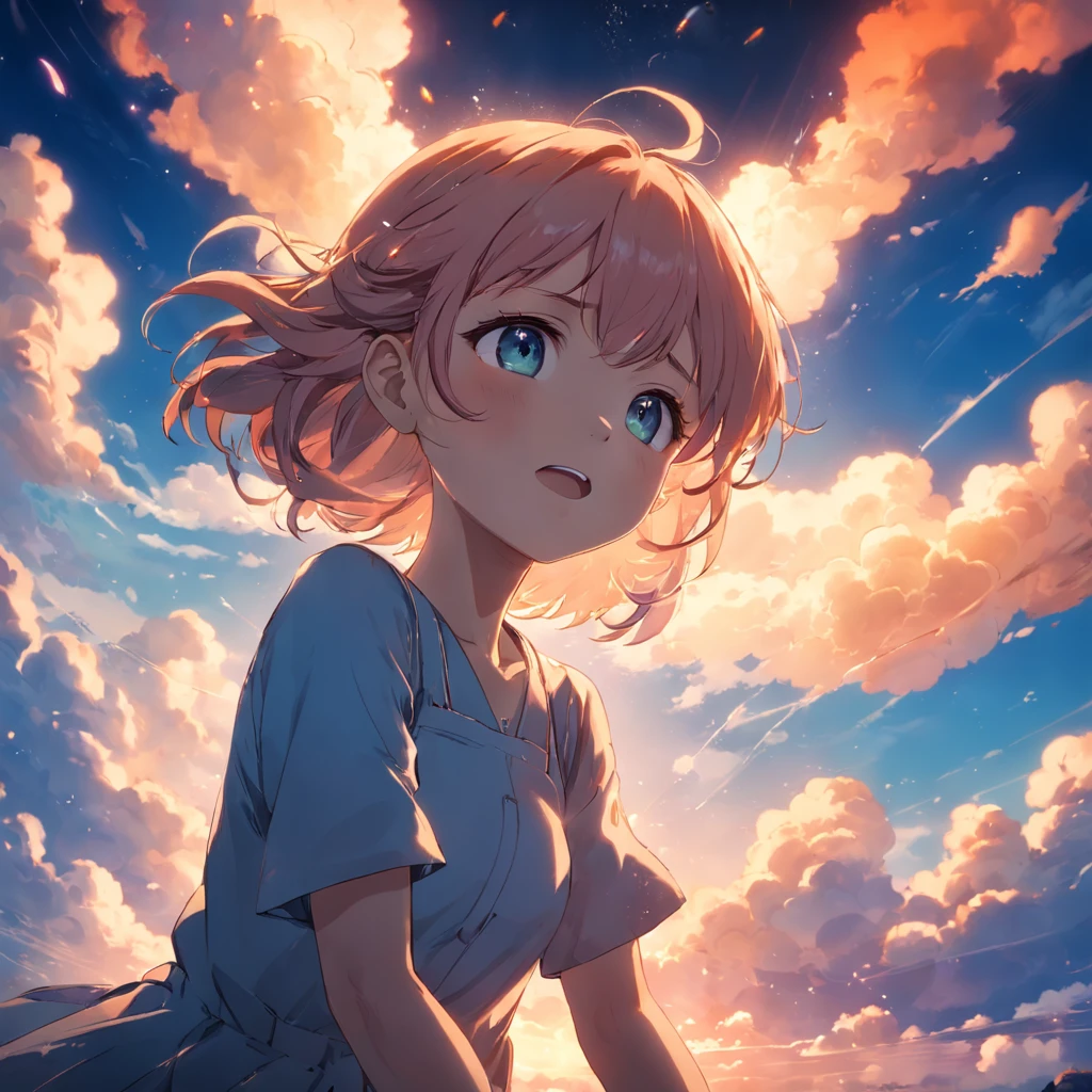 masterpiece, best quality, movie still, 1girl, cloud girl, floating in the sky, close-up, bright, happy, warm soft lighting, sunset, (sparks:0.7)