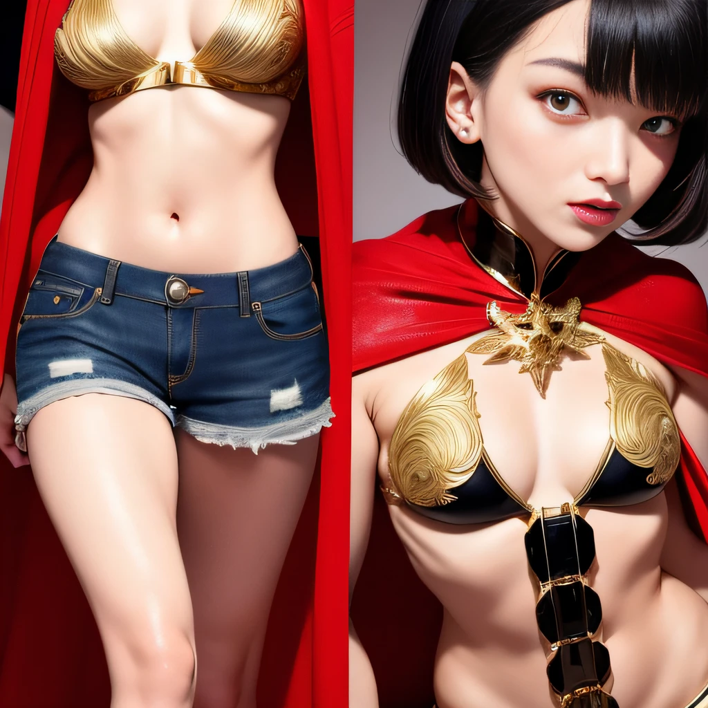 short detailed hair,In a chic,Gold antler close-up, Red and black cape,Coarse denim,Water vapor female spy,Rouge complexion,Sauna buttocks mist jelly flat chest,Golden wire fish net knee pads space jump,Bottom view,Wear boxing gloves,extremely happy,He Xiaotong