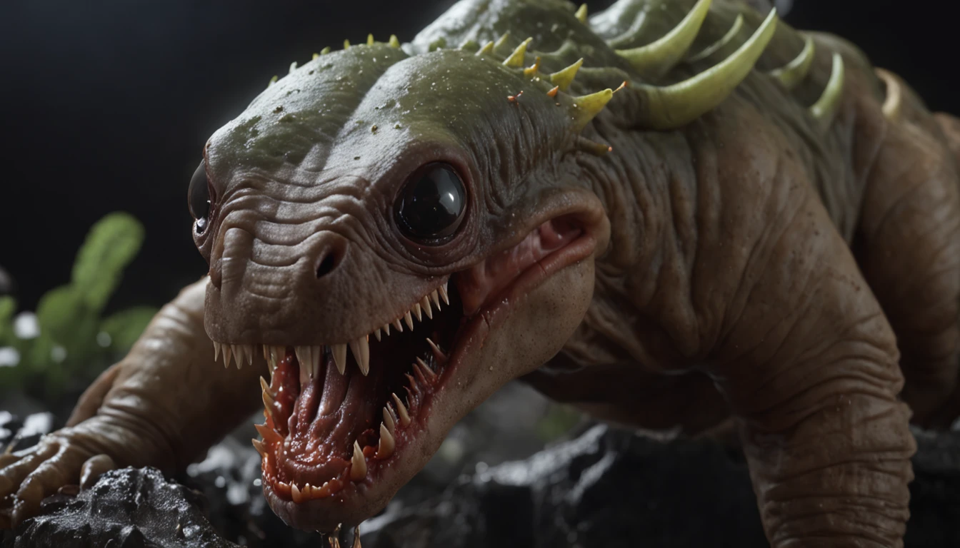 (professional 3d render:1.3) af (Realistic:1.3) most beautiful artwork photo in the world,Features a capybara xenomorpth cluttered environment)), full body 8k unity render, action shot, skin pore, very dark lighting, heavy shading, Detailed, Detailed face, (vibrant, photograph realistic, Realistic, Dramatic, Dark, Sharp focus, 8K), (slime drips from it's inner jaw of razor sharp teeth:1.4), ((((teeth)))), (Intricate:1.4), decadent, (Highly detailed:1.4), Digital painting, rendering by octane, art stations, smooth, Sharp focus (Global illumination, Studio light, volumetric light), heavy rain, particles floating, fantasy, full body ((Dark and ancient planet background:1.3))