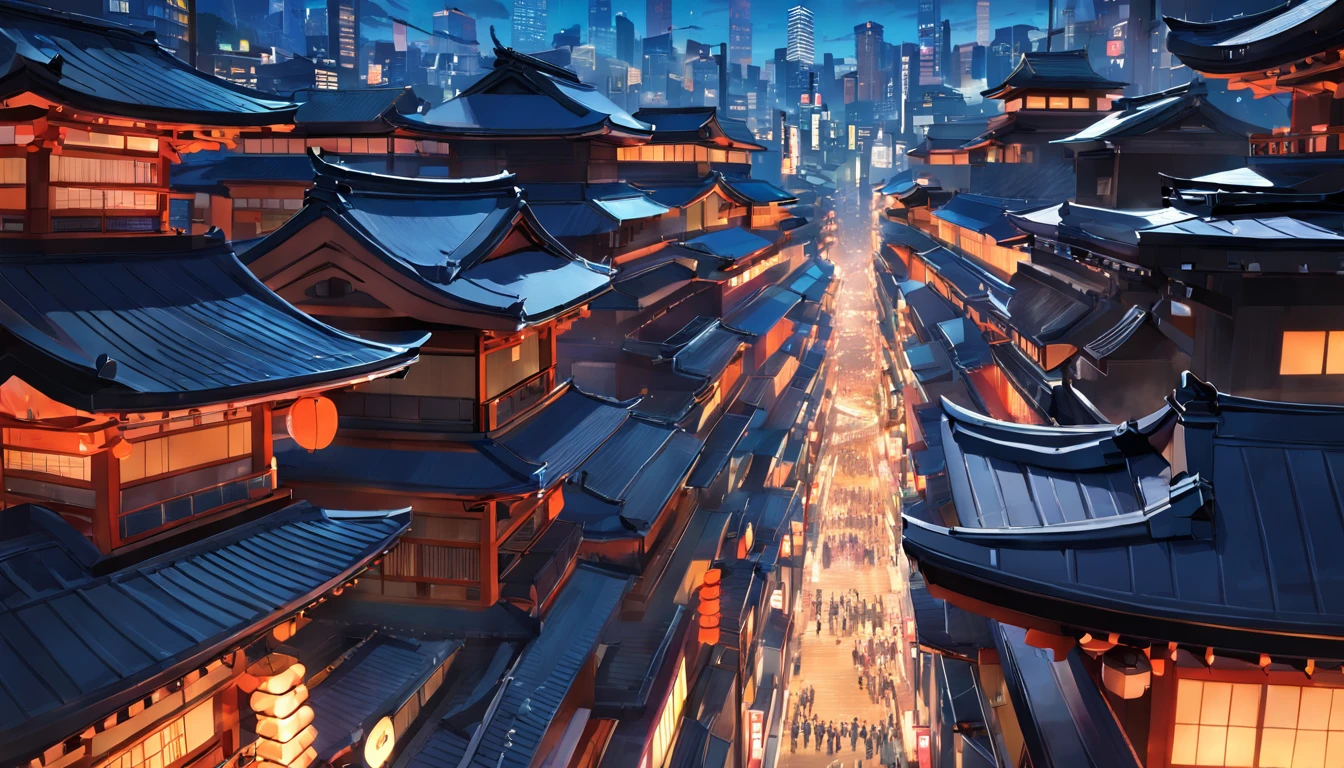 Japanese traditional, cityscape, filled with buildings, midday