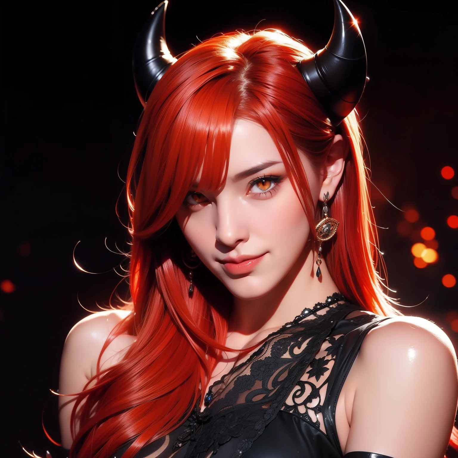 The woman, black horns, red hair, orange eyes, medieval background, devil, sexy, naked