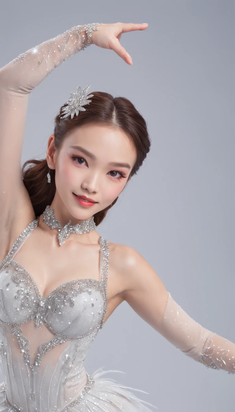 Smile expression. Generate costumes for figure skaters dancing on ice. Give this image snow-white feathers and sparkling Swarovski crystals. Next, Add a skate dress designed to emphasize the lines of the body, Especially the hips and legs, Eta、Give the skirt a special touch with feather accents. Accessorize further with a gold headpiece, Transparent beaded necklace and matching rings or earrings. Finally, Bright makeup and sparkling eyeshadow、Complete the atmosphere of figure skaters shining on the ice. Dynamic Poses: Adopts poses that reproduce triple axels and toe loop jumps, or、Pose during a spin to show the figure skater's grace and movement. location: Large skating rink in the center of the ice castle. The castle is surrounded by glowing ice statues and waterfalls, A huge crystal chandelier hangs in the center of the skating rink. This location is、Has a beautiful and magical atmosphere that complements the figure skating cosplay and its dynamism.