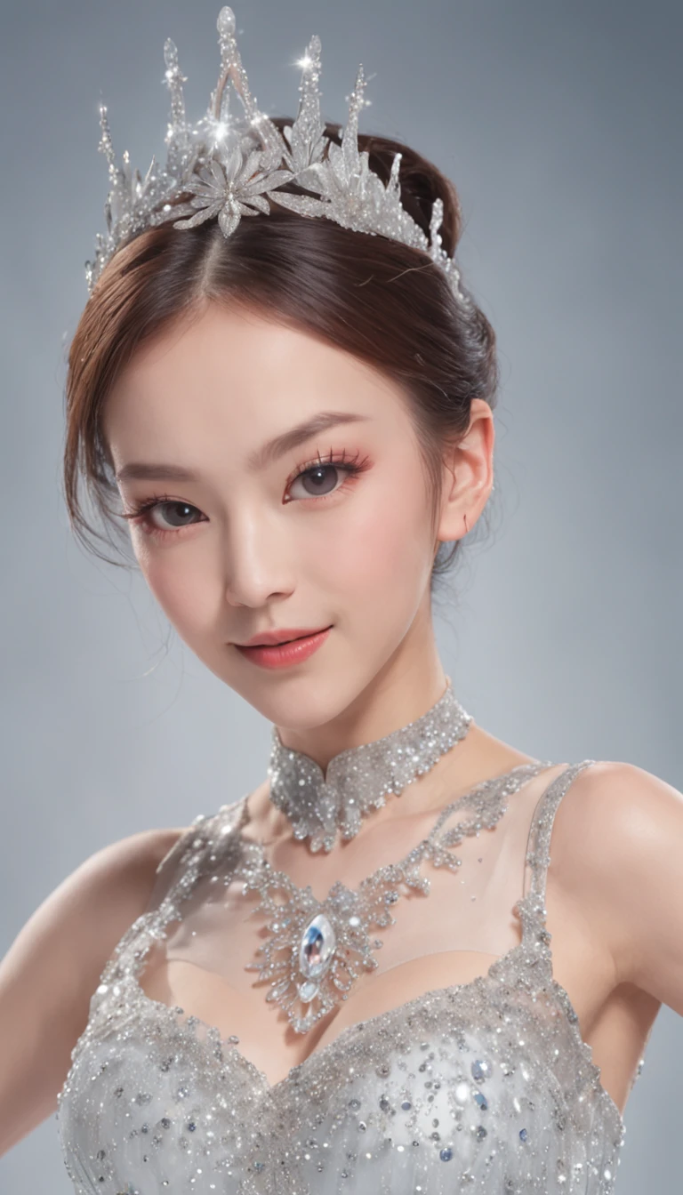 Smile expression. Generate costumes for figure skaters dancing on ice. Give this image snow-white feathers and sparkling Swarovski crystals. Next, Add a skate dress designed to emphasize the lines of the body, Especially the hips and legs, Eta、Give the skirt a special touch with feather accents. Accessorize further with a gold headpiece, Transparent beaded necklace and matching rings or earrings. Finally, Bright makeup and sparkling eyeshadow、Complete the atmosphere of figure skaters shining on the ice. Dynamic Poses: Adopts poses that reproduce triple axels and toe loop jumps, or、Pose during a spin to show the figure skater's grace and movement. location: Large skating rink in the center of the ice castle. The castle is surrounded by glowing ice statues and waterfalls, A huge crystal chandelier hangs in the center of the skating rink. This location is、Has a beautiful and magical atmosphere that complements the figure skating cosplay and its dynamism.