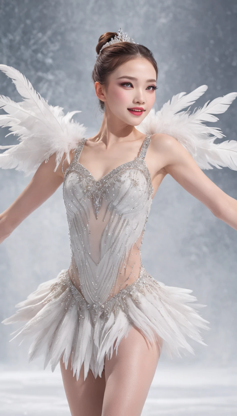Smile expression. Generate costumes for figure skaters dancing on ice. Give this image snow-white feathers and sparkling Swarovski crystals. Next, Add a skate dress designed to emphasize the lines of the body, Especially the hips and legs, Eta、Give the skirt a special touch with feather accents. Accessorize further with a gold headpiece, Transparent beaded necklace and matching rings or earrings. Finally, Bright makeup and sparkling eyeshadow、Complete the atmosphere of figure skaters shining on the ice. Dynamic Poses: Adopts poses that reproduce triple axels and toe loop jumps, or、Pose during a spin to show the figure skater's grace and movement. location: Large skating rink in the center of the ice castle. The castle is surrounded by glowing ice statues and waterfalls, A huge crystal chandelier hangs in the center of the skating rink. This location is、Has a beautiful and magical atmosphere that complements the figure skating cosplay and its dynamism.