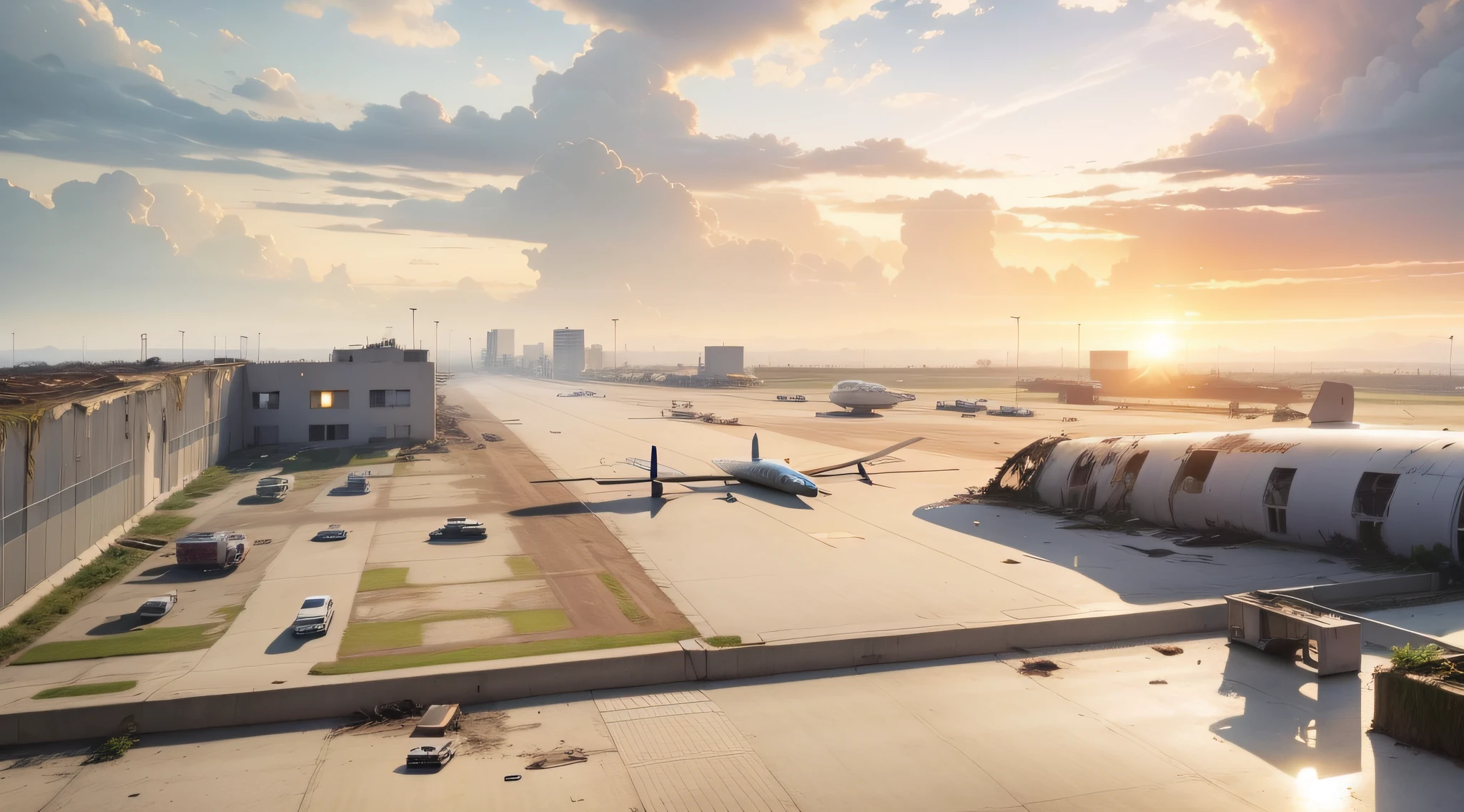 Aerial view 50 meters away,Latter-day world,The dilapidated terminal is surrounded by vines,Sunlight at 6 p.m,Contre-Jour ,The wreckage of the plane is on the runway of the airport,The broken airstrip was covered with vines,complexdetails,Virtual Engine,Movie lighting,8K,High-definition large image