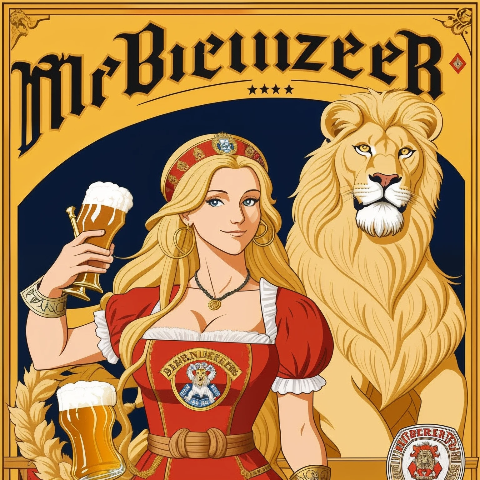 Marzen beer logo including the Bavarian flag and a medieval lion, a blonde beer wench holding two beer glasses full of beer