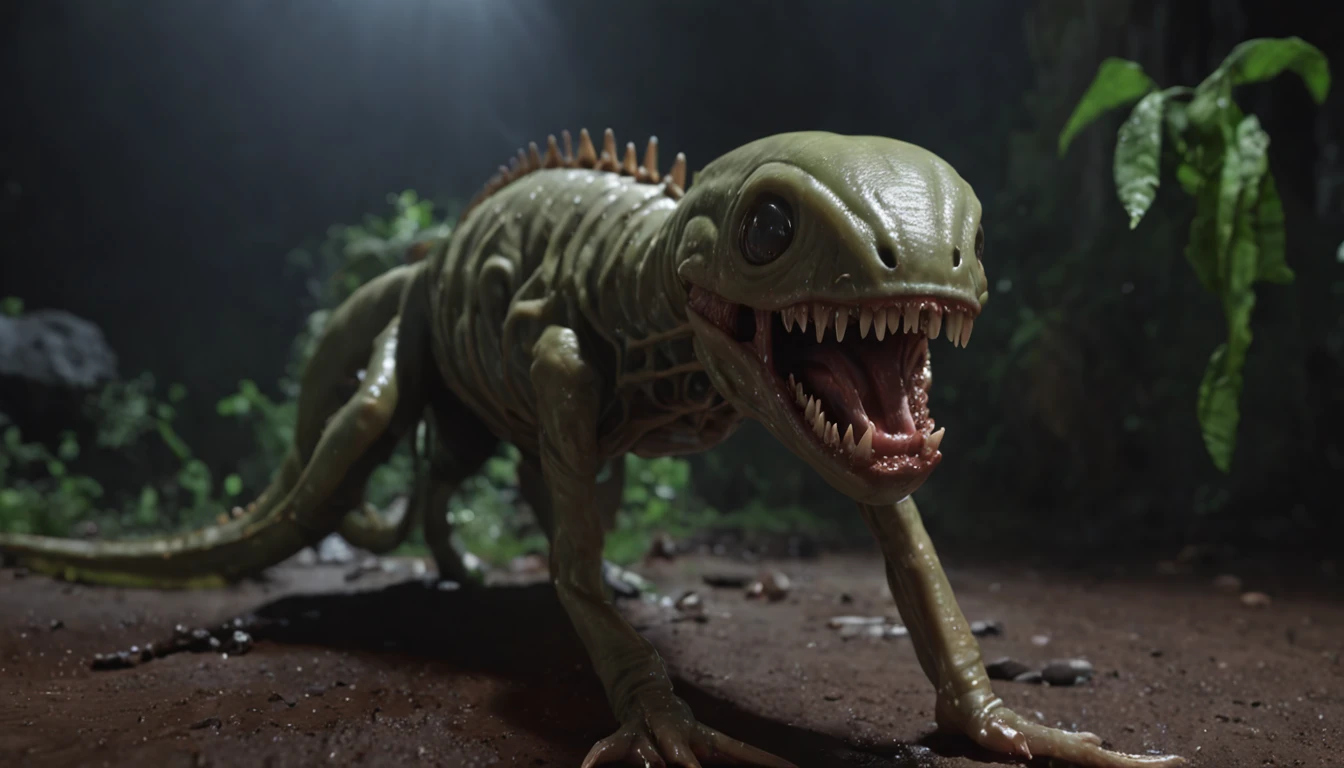 (professional 3d render:1.3) af (Realistic:1.3) most beautiful artwork photo in the world，Features a puppy xenomorpth cluttered environment)), full body 8k unity render, action shot, skin pore, very dark lighting, heavy shading, Detailed, Detailed face, (vibrant, photograph realistic, Realistic, Dramatic, Dark, Sharp focus, 8K), (slime drips from it's inner jaw of razor sharp teeth:1.4), ((((teeth)))), (Intricate:1.4), decadent, (Highly detailed:1.4), Digital painting, rendering by octane, art stations, smooth, Sharp focus (Global illumination, Studio light, volumetric light), heavy rain, particles floating, fantasy, full body ((Dark and ancient planet background:1.3))