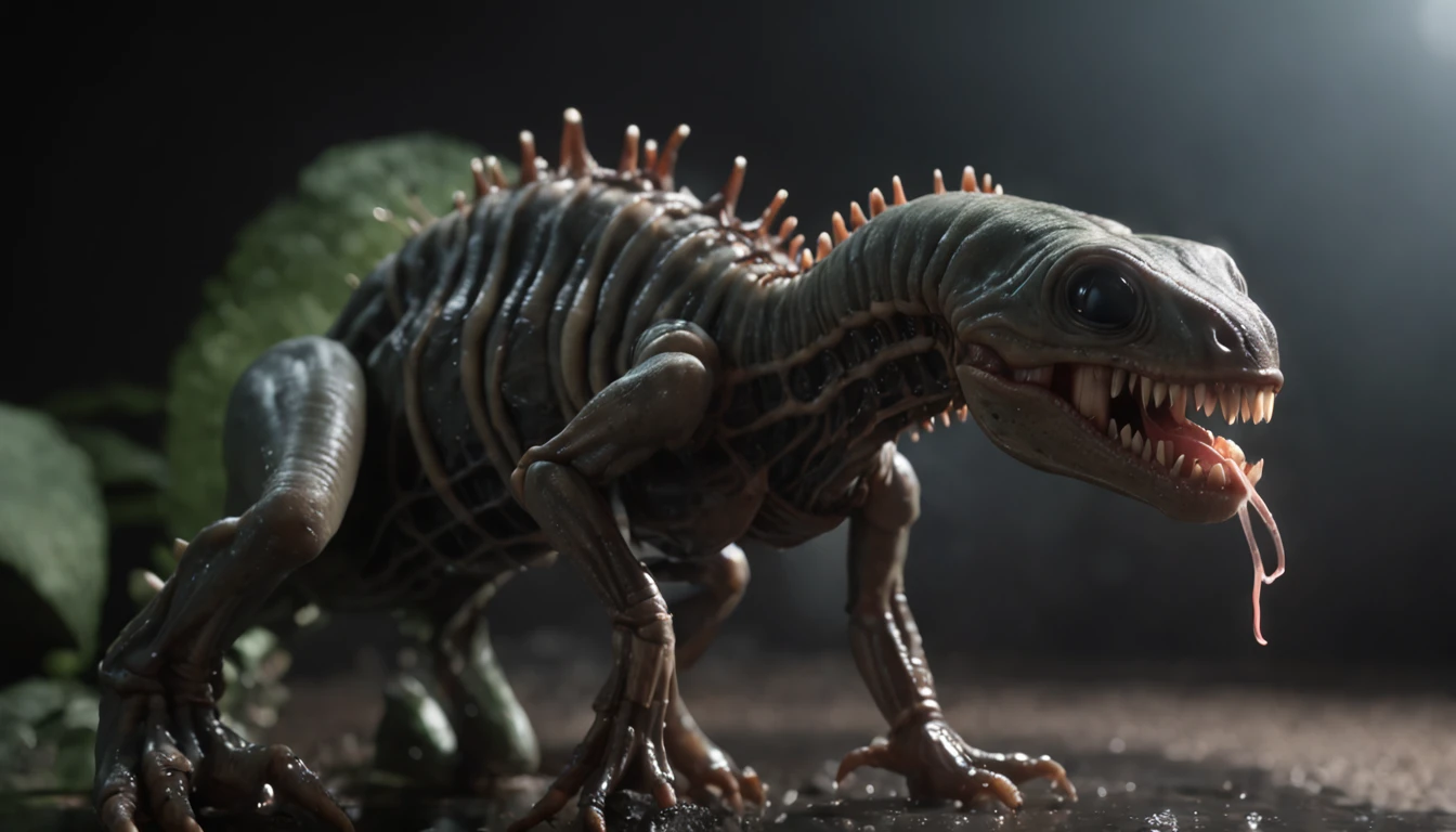 (professional 3d render:1.3) af (Realistic:1.3) most beautiful artwork photo in the world,Features a puppy xenomorpth cluttered environment)), full body 8k unity render, action shot, skin pore, very dark lighting, heavy shading, Detailed, Detailed face, (vibrant, photograph realistic, Realistic, Dramatic, Dark, Sharp focus, 8K), (slime drips from it's inner jaw of razor sharp teeth:1.4), ((((teeth)))), (Intricate:1.4), decadent, (Highly detailed:1.4), Digital painting, rendering by octane, art stations, smooth, Sharp focus (Global illumination, Studio light, volumetric light), heavy rain, particles floating, fantasy, full body ((Dark and ancient planet background:1.3))