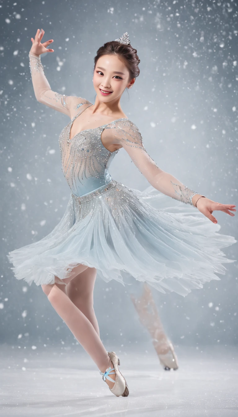 Smile expression. Generate costumes for figure skaters dancing on ice. Give this image snow-white feathers and sparkling Swarovski crystals. Next, Add a skate dress designed to emphasize the lines of the body, Especially the hips and legs, Eta、Give the skirt a special touch with feather accents. Accessorize further with a gold headpiece, Transparent beaded necklace and matching rings or earrings. Finally, Bright makeup and sparkling eyeshadow、Complete the atmosphere of figure skaters shining on the ice. Dynamic Poses: Adopts poses that reproduce triple axels and toe loop jumps, or、Pose during a spin to show the figure skater's grace and movement. location: Large skating rink in the center of the ice castle. The castle is surrounded by glowing ice statues and waterfalls, A huge crystal chandelier hangs in the center of the skating rink. This location is、Has a beautiful and magical atmosphere that complements the figure skating cosplay and its dynamism.