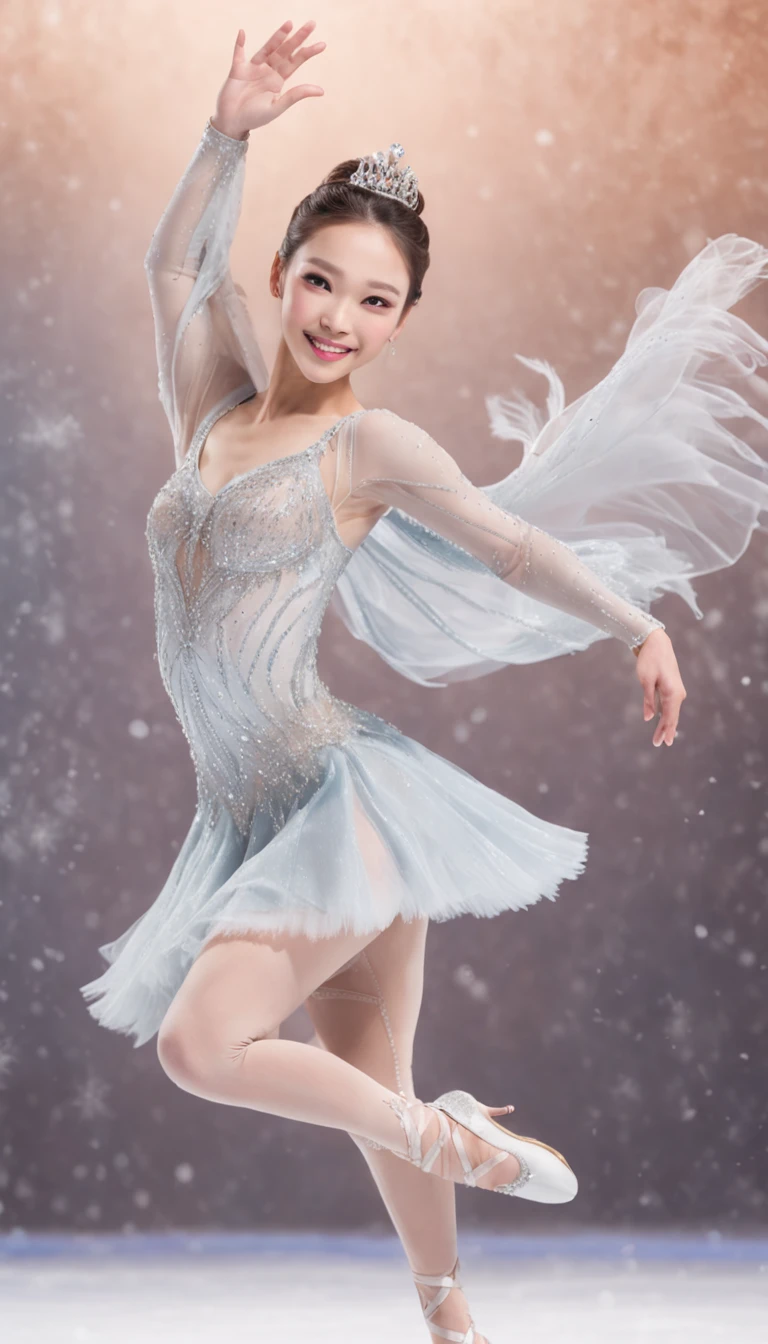 Smile expression. Generate costumes for figure skaters dancing on ice. Give this image snow-white feathers and sparkling Swarovski crystals. Next, Add a skate dress designed to emphasize the lines of the body, Especially the hips and legs, Eta、Give the skirt a special touch with feather accents. Accessorize more with a gold headpiece, Transparent beaded necklace and matching rings or earrings. Finally, Bright makeup and sparkling eyeshadow、Complete the atmosphere of figure skaters shining on the ice. Dynamic Poses: Posing that reproduces triple axel and toe loop jump, Or、Pose during a spin to show the figure skater's grace and movement. location: Large skating rink in the center of the ice castle. The castle is surrounded by glowing ice statues and waterfalls, A huge crystal chandelier hangs in the center of the skating rink. This location is、There is a beautiful and magical atmosphere that complements the figure skating cosplay and its dynamism.