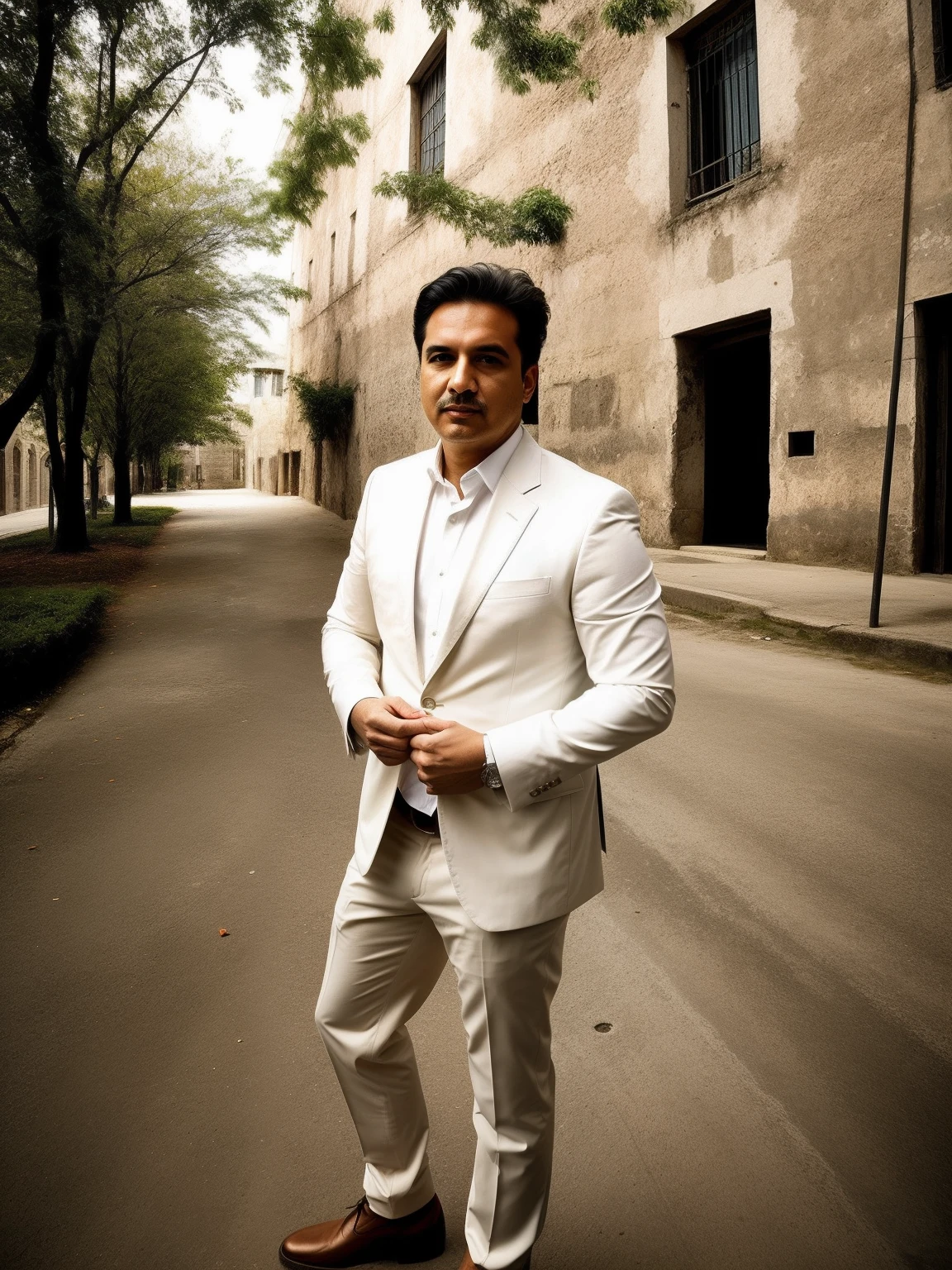 Change background artistic building in the background realistic face