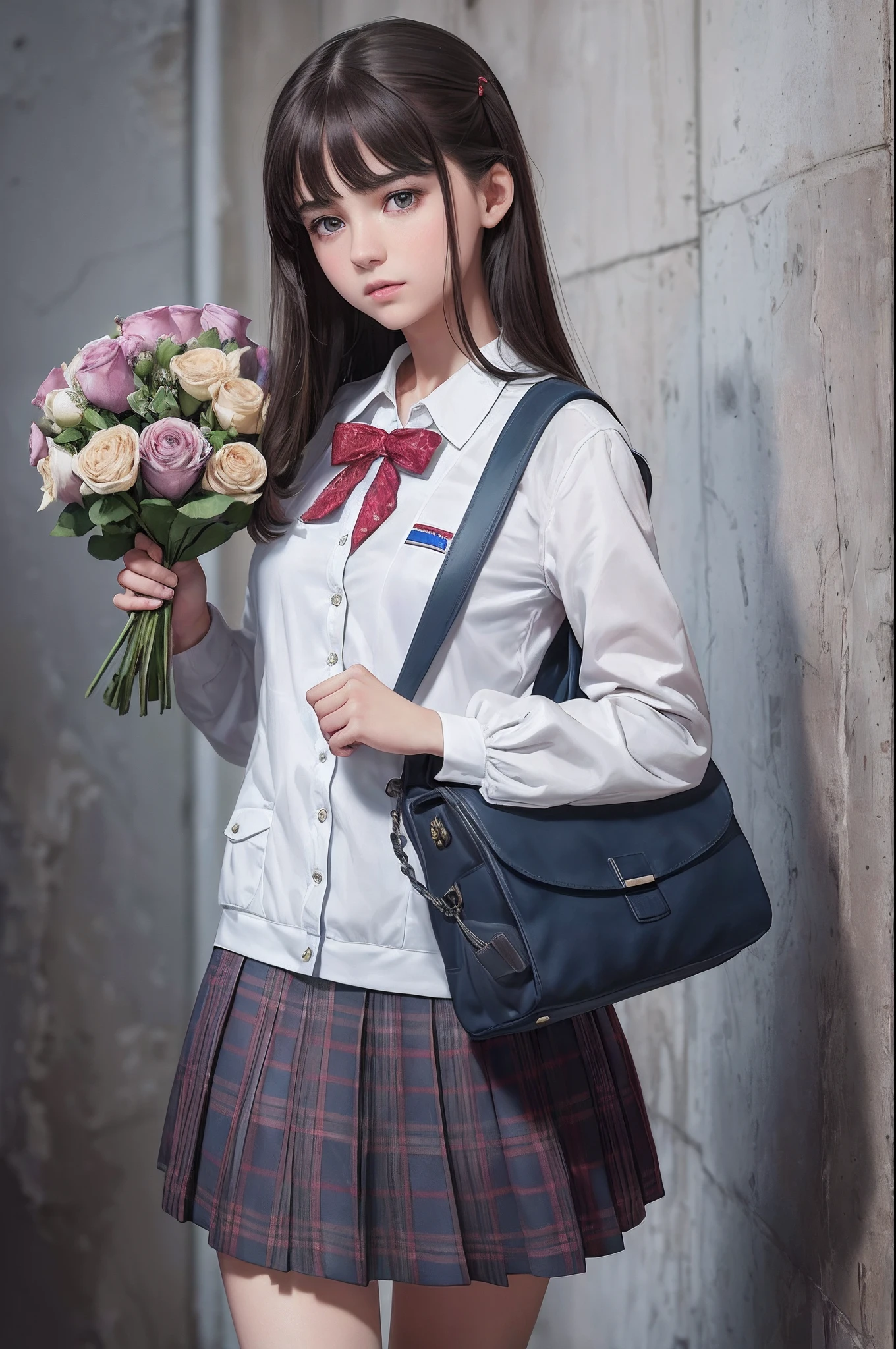 1Russian schoolgirl with a bouquet of flowers in her hands, in a gray school uniform, straight hair, slight smile, expressive eyes, On the shoulder is a school bag, walks on the way to school (( Стиль Brian-Bolland)), September Nature, ((Impasto painting)), ((Best Quality, tmasterpiece)), ((Perfect anatomy of the body)) grotesque, Complicated details, chilling, (aesthetics), excitement, Hyper-realistic, insanely detailed, impressionism:0,5, extreme hight detail, 8K