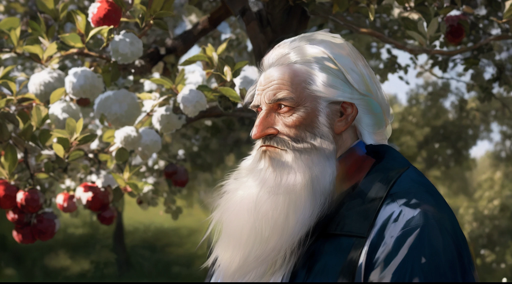 arafed man with long white beard and white beard standing in front of a tree, long white beard, white hair and white beard, long white hair and white beard, very long white beard and hair, full white beard, neat white beard and hair, white beard, overalls and a white beard, bushy white beard, long white hair and beard
