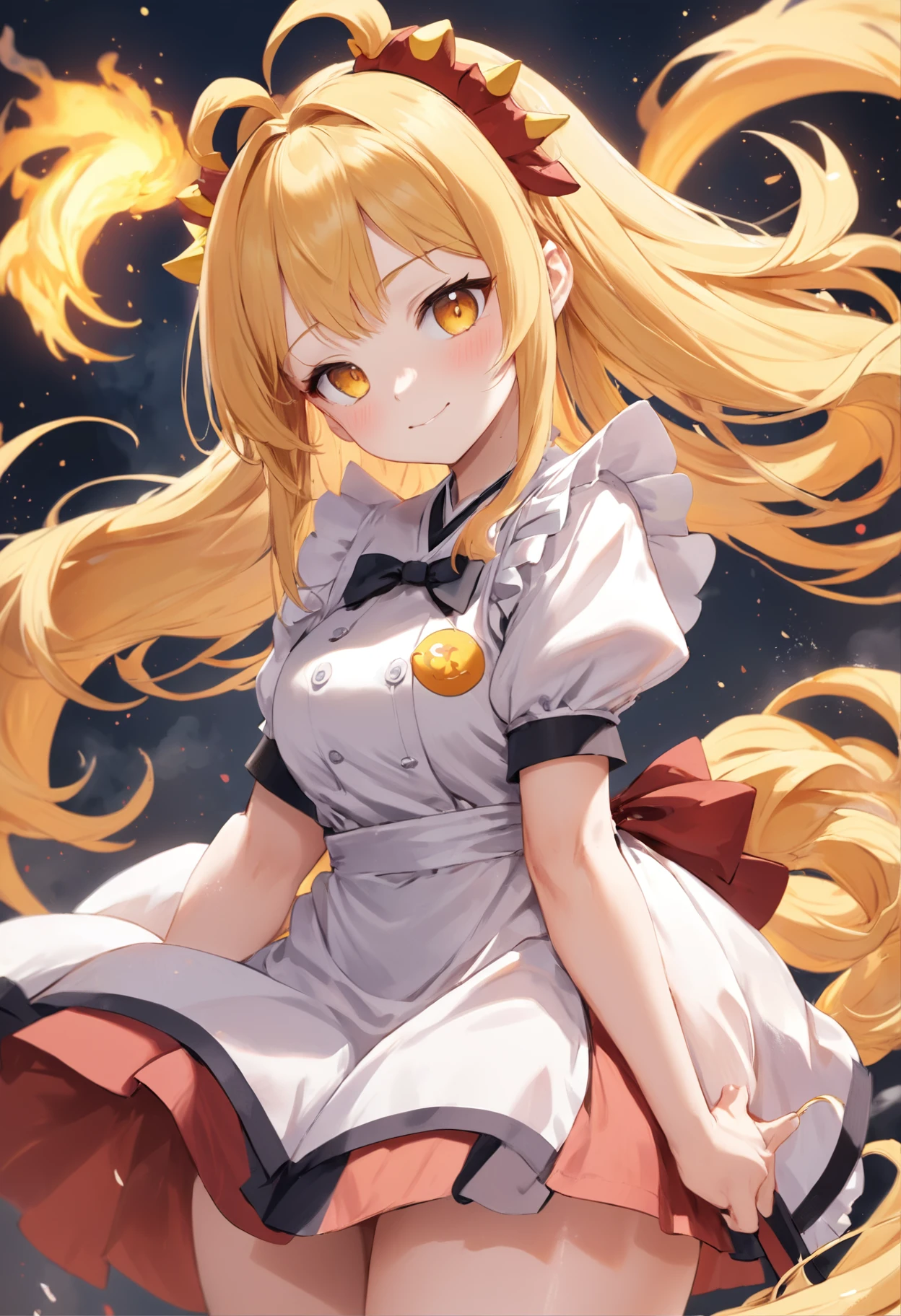 Create an Japanese anime-style illustration of a girl with long bright yellow hair, dressed in maid clothing that accentuates her curves. Emphasize a body with a gentle, curvy figure. Convey her confidence and unique charm through her pose and expression, showcasing a character who embraces her form with grace and style anime girl smiling, messy hair, red & yellow & orange dragon eyes, cute face, girlfriend look, white top, black short skirt, sensual pose, dragon hydera based , age is 22 , height of 5.6 , weight of 56 , model body , white skin , anime maid outfit, cute girl like toru chan from miss kobayashi's dragon maid ,dragon hydera fusion,