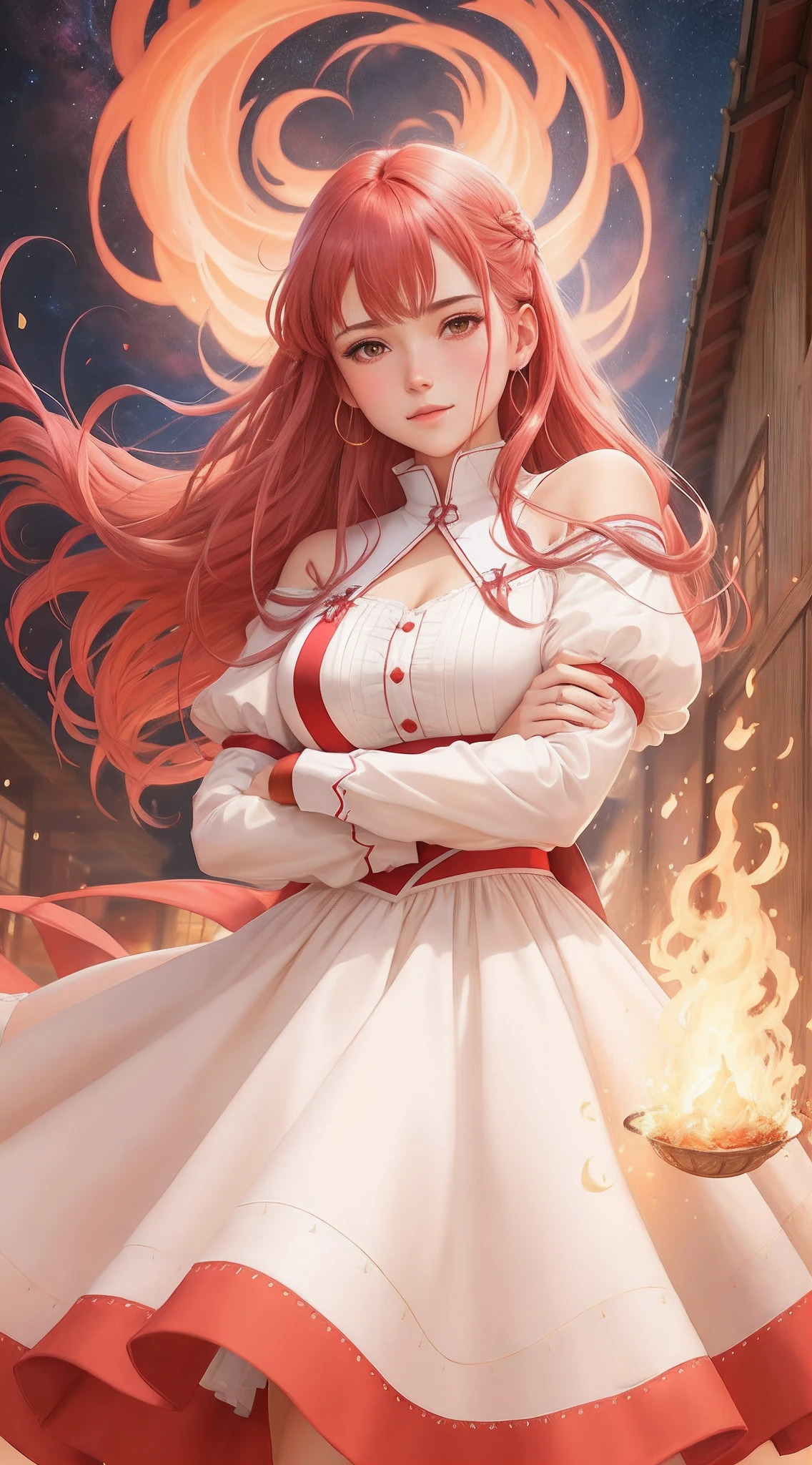 Anime girl with reddish pink hair and white dress standing in front of a fire, saia de renda, with a mocking expression, cynical smile, estilo de arte de fantasia, deusa do fogo, Artgerm extremamente detalhado, Artgerm e Atey Ghailan, anime fantasy illustration, Estilo Artgerm, cushart krenz arte chave feminina, Deusa dos cabelos ruivos, Alena Aenami e Artgerm, Trend in ArtStation Pixiv UP close-up of a woman , rosto com alto detalhe, com cabelos vermelhos vibrantes e longos, maga do fogo Com livro magico flutuante ao lado com cristais vermelhos, folded arms, sneering expression, wearing a flowing white short dress with round, saia empinada exibindo-a, saia com babados, mangas de renda mostrando os ombros, armadura vermelha em cima do vestido, cristais vermelhos cravados no vestido, magia do fogo, Lavaredas of fire around to show the mastery of fire, Starry sky background. Apply filter to highlight colors. alto detalhe, rosto detalhado. anatomia perfeita, hands with five fingers,