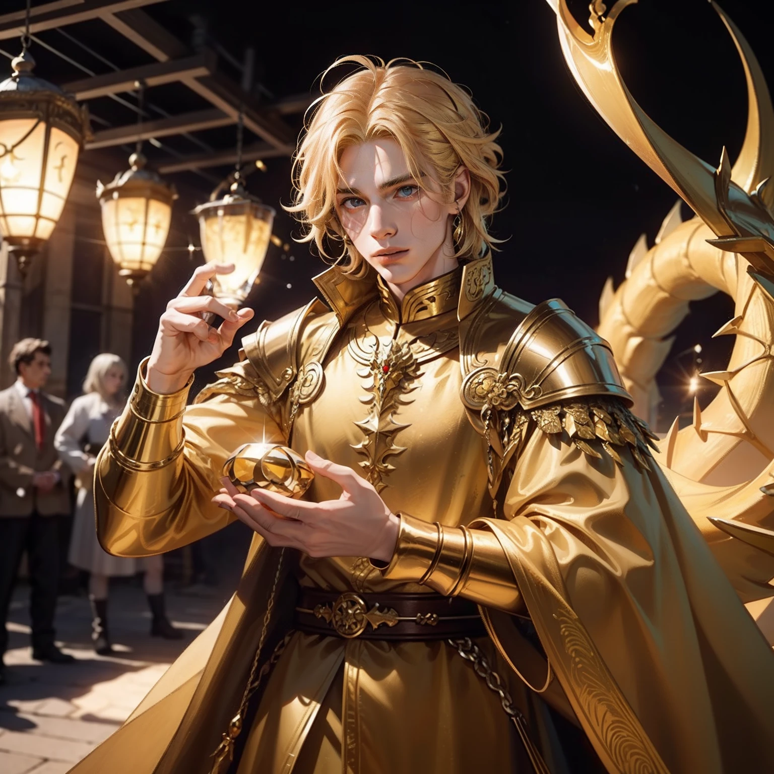 A guy with light golden hair, a dragon person. Holds a shining crystal. Straight view.