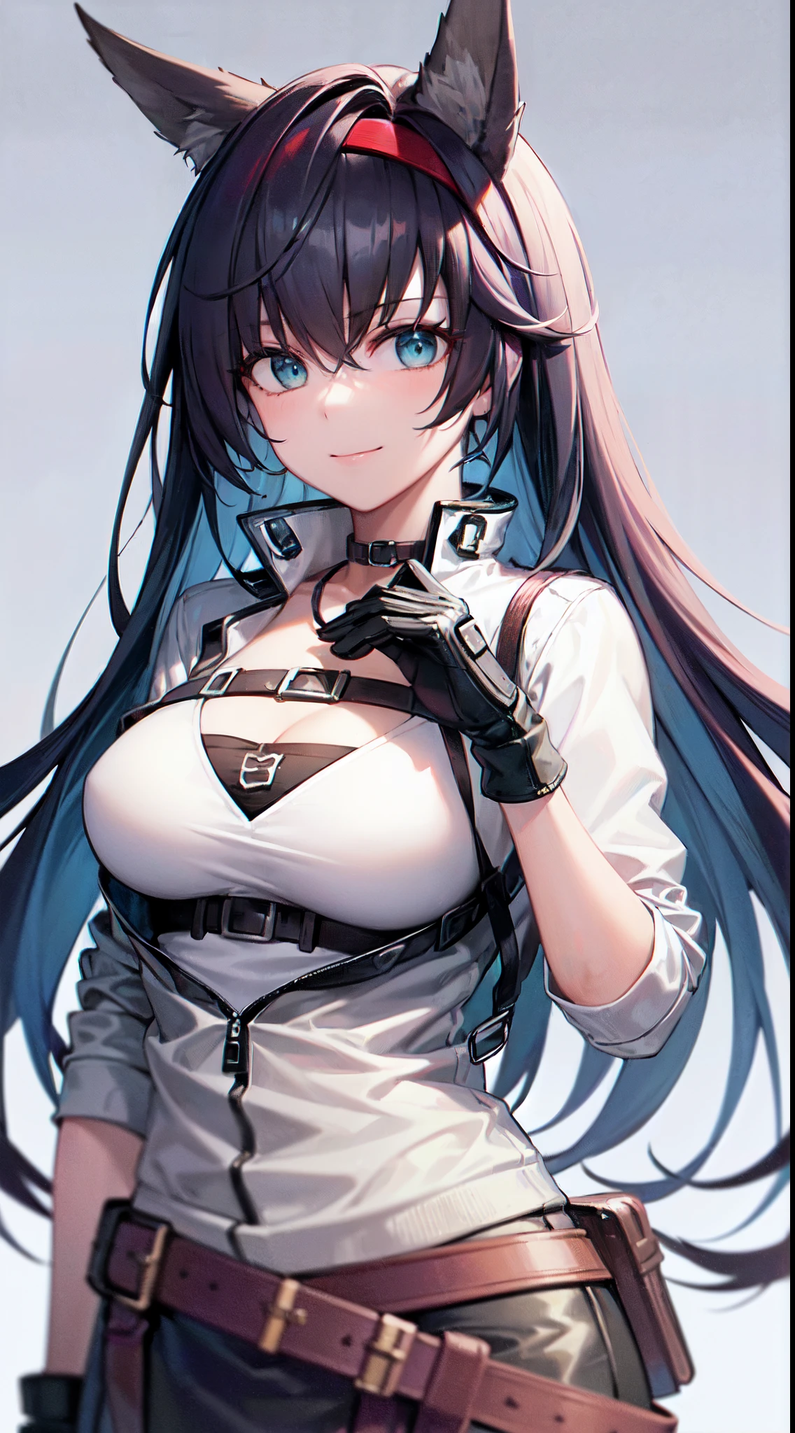 ((Best quality, Super high resolution, Masterpiece:1.3)), 1girl, Upper body, Looking at viewer, Breasts, Cleavage, (Long hair, Black hair, Animal ears, Blue eyes, Red hairband), (White shirt, White jacket, Skirt, Belt, Gloves), Smile, Beautiful eyes, Highly detailed skin, (Detailed face), Detailed eyes, nice hands, Perfect hands