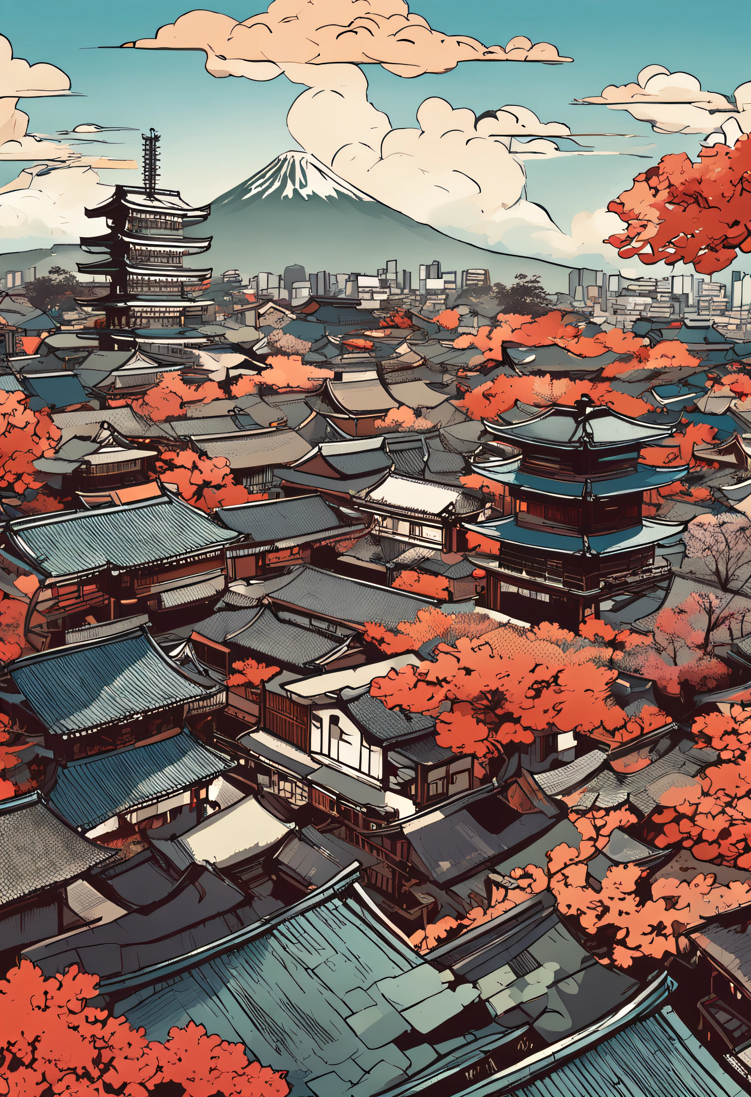 "Japanese traditional cityscape, with bustling buildings, bathed in the warm midday sunlight, offering a magnificent view from above."