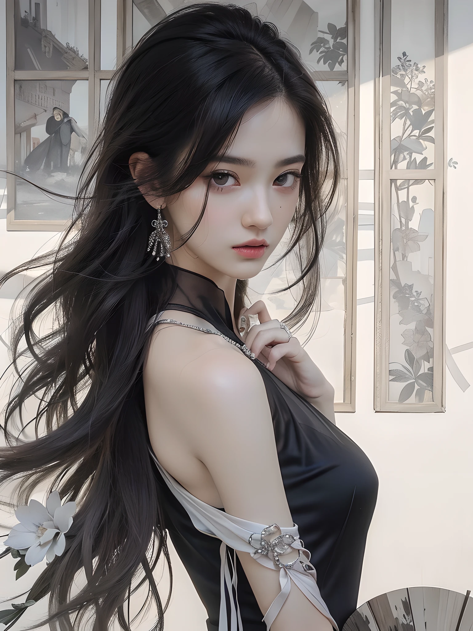 (photorealistic:1.4), best quality, masterpiece, ultra high res, 1girl, (detailed face:1.2), (detailed eyes:1.2), (detailed hair:1.2), (detailed clothes:1.2), 4k, (detailed color:1.2), (black long hair:1.2),