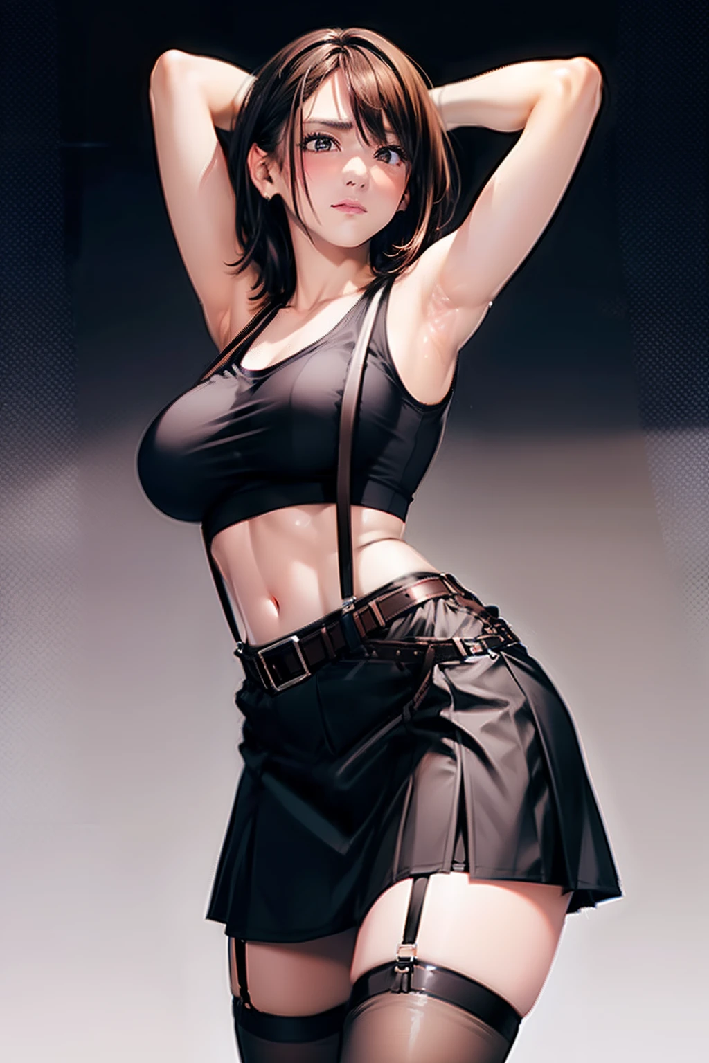 Black skirt, Tank Tops suspenders, Brown hair Gray eyes, Garter belt on the legs, Tight clothes, a belt Armpit sweat deadpan large full breasts short-cut