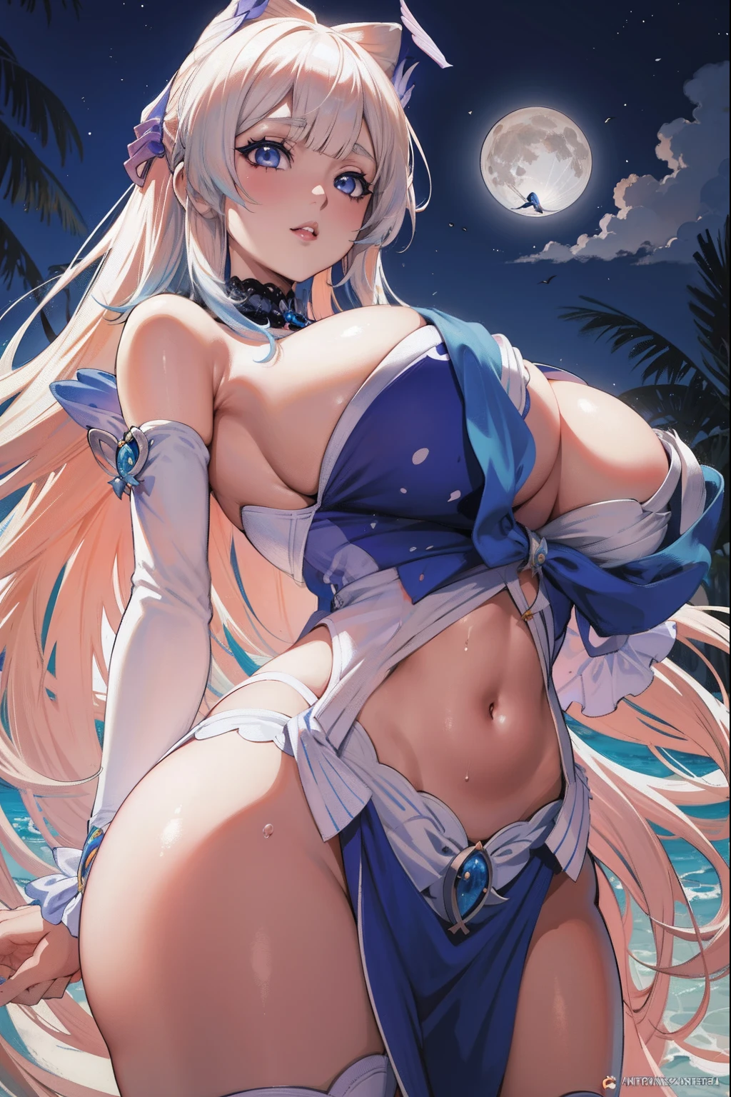 Chica de anime con cabello gris y bikini azul posando frente a una luna llena, Diosa del anime, Artgerm extremadamente detallado, Tendencias en ArtStation Pixiv, seductora chica de anime, ! dream artgerm, OPPAI, Diosa de la Luna, pixiv 3dcg, Arte detallado de alta calidad 8K, Artgerm en ArtStation Pixiv